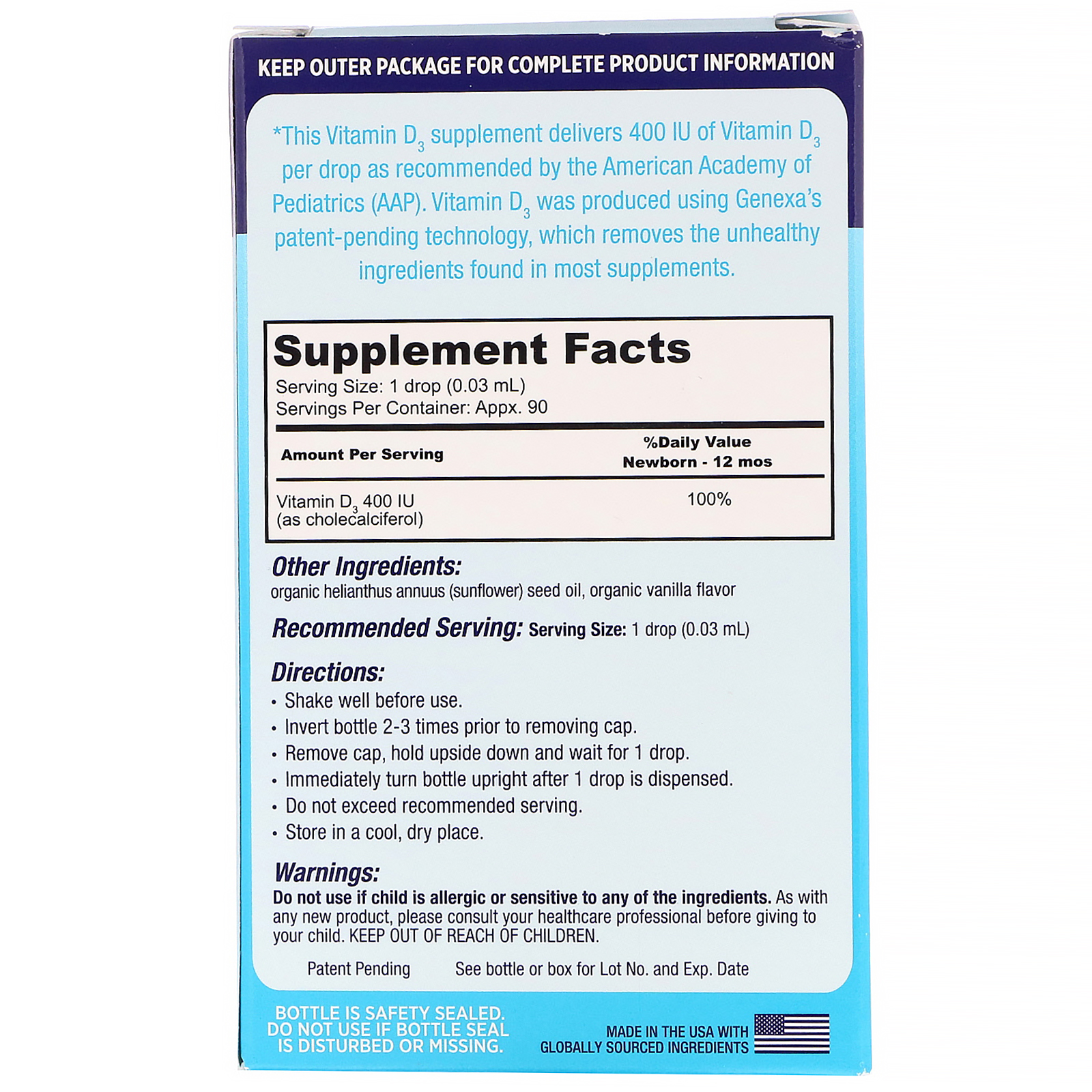 Comprar Genexa, Vitamina D3 para Bebês, Recém-Nascidos+, Sabor de Baunilha Orgânica, 400 UI, 3 ml (0,10 fl oz) - Imagem 2