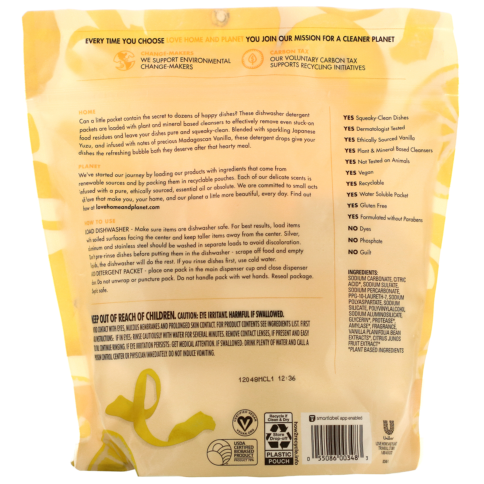 Comprar Love Home & Planet, Dishwasher Detergent Packets, Citrus Yuzu & Vanilla, 38 Packets, 24 oz (684 g) - Imagem 2