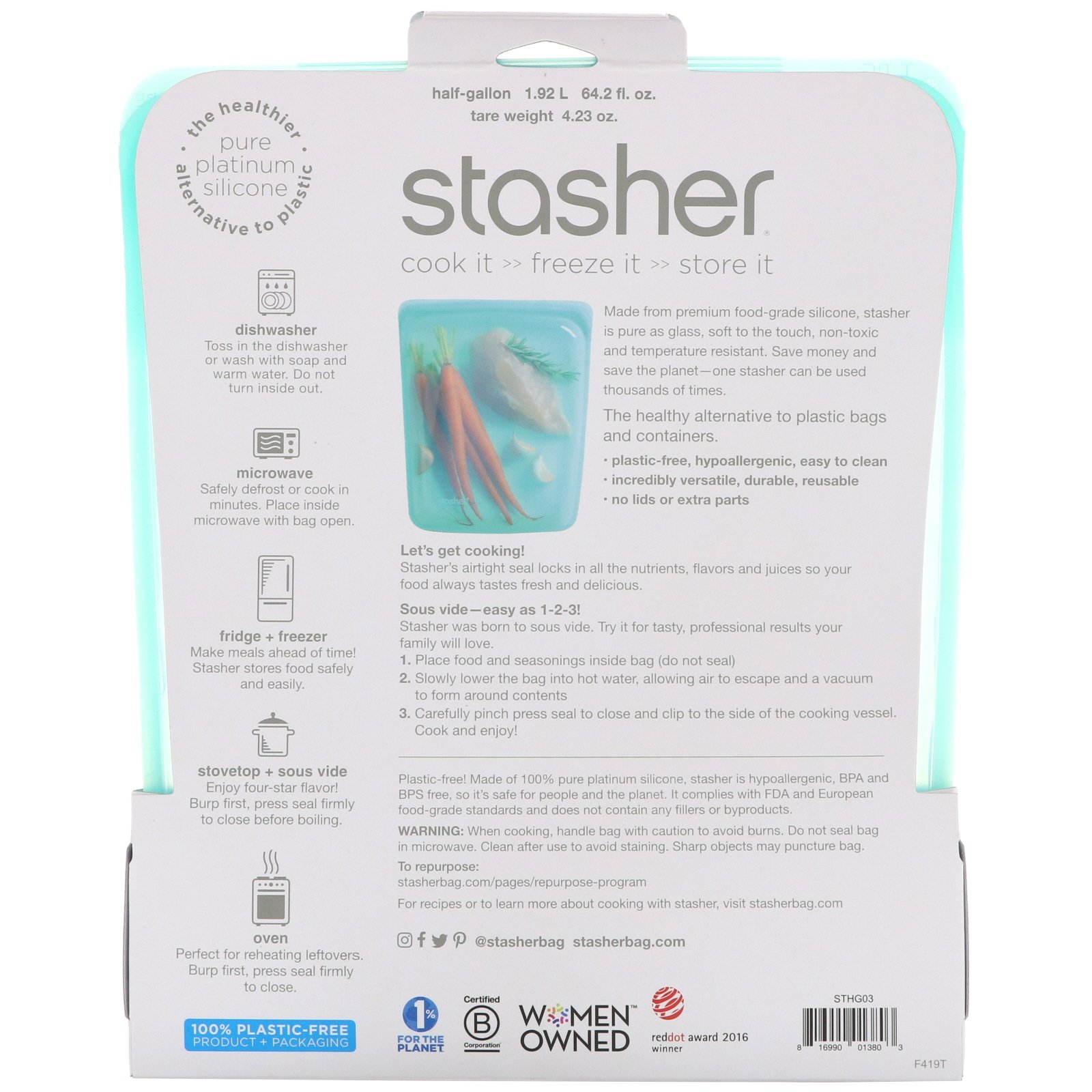 Comprar Stasher, Embalagem Reutilizável de Silicone para Alimentos, Embalagem de Meio Galão, Aqua, 1,92 l (64,2 fl oz) - Imagem 2