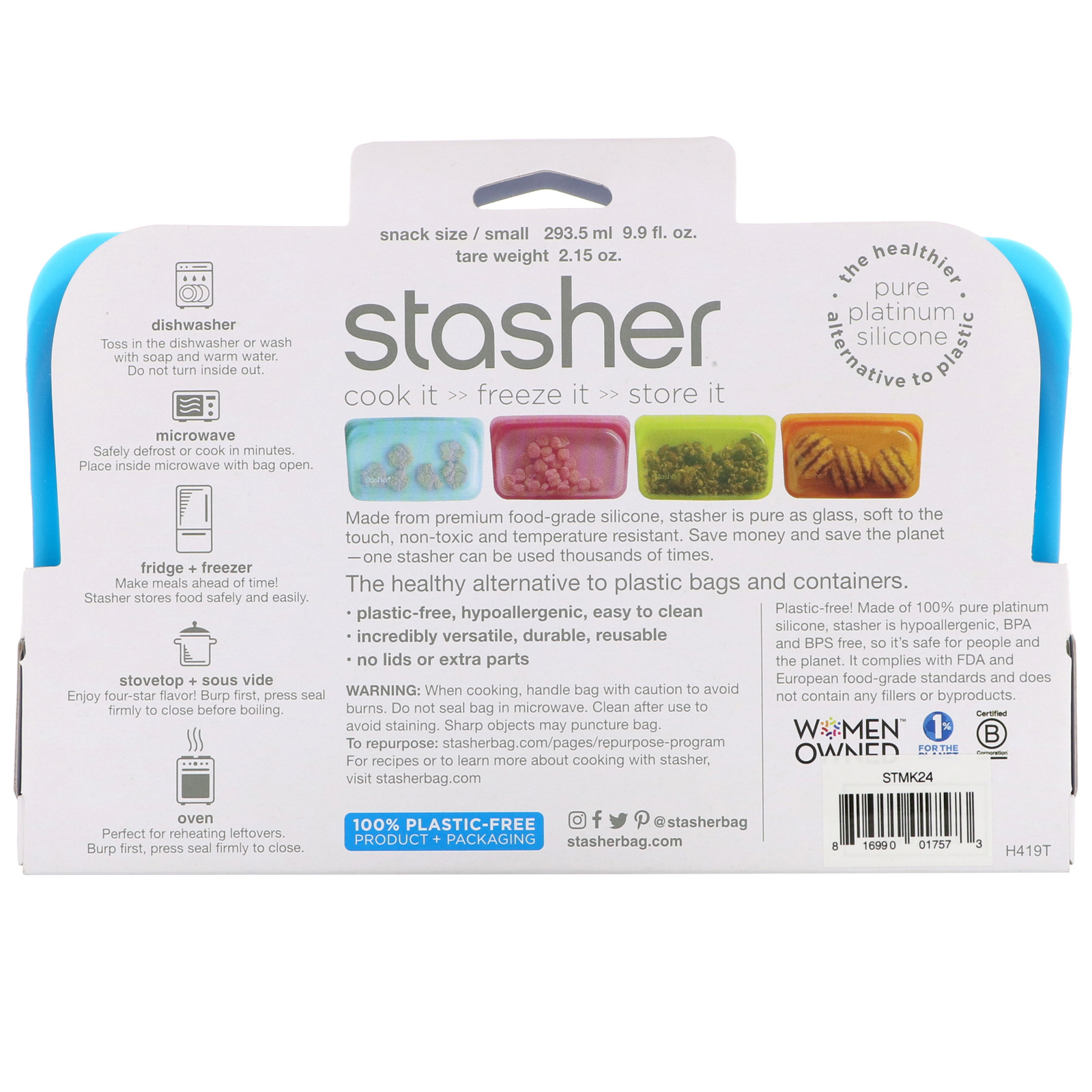 Comprar Stasher, Embalagem Reutilizável de Silicone para Alimentos, Tamanho Lanche Pequeno, Azul, 293,5 ml (9,9 fl oz) - Imagem 2