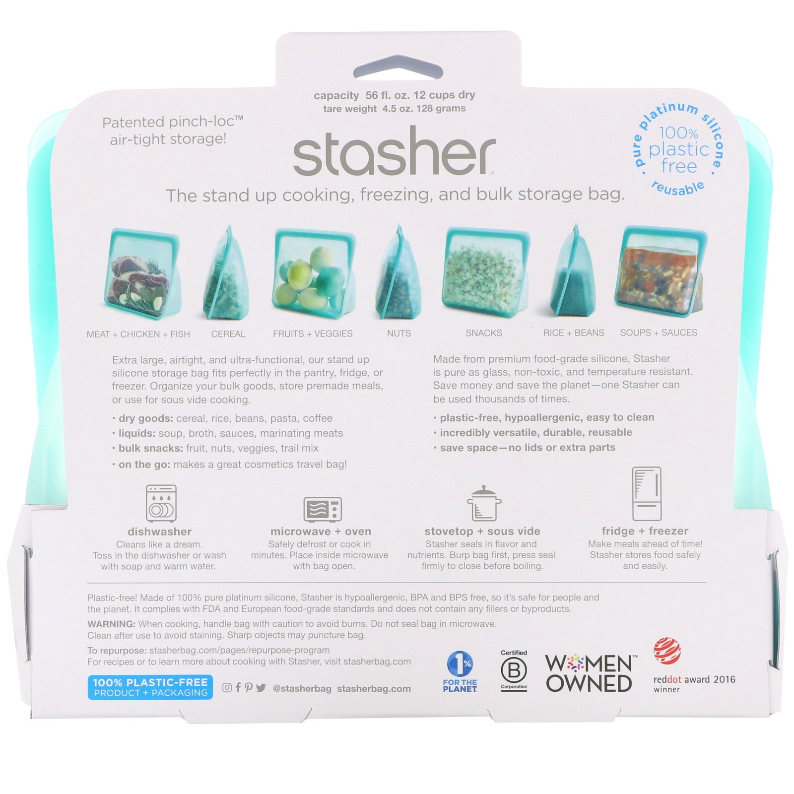 Comprar Stasher, Saco de Silicone Reutilizável para Alimentos, Saco Vertical, Aqua, 128 g (56 fl oz) - Imagem 2
