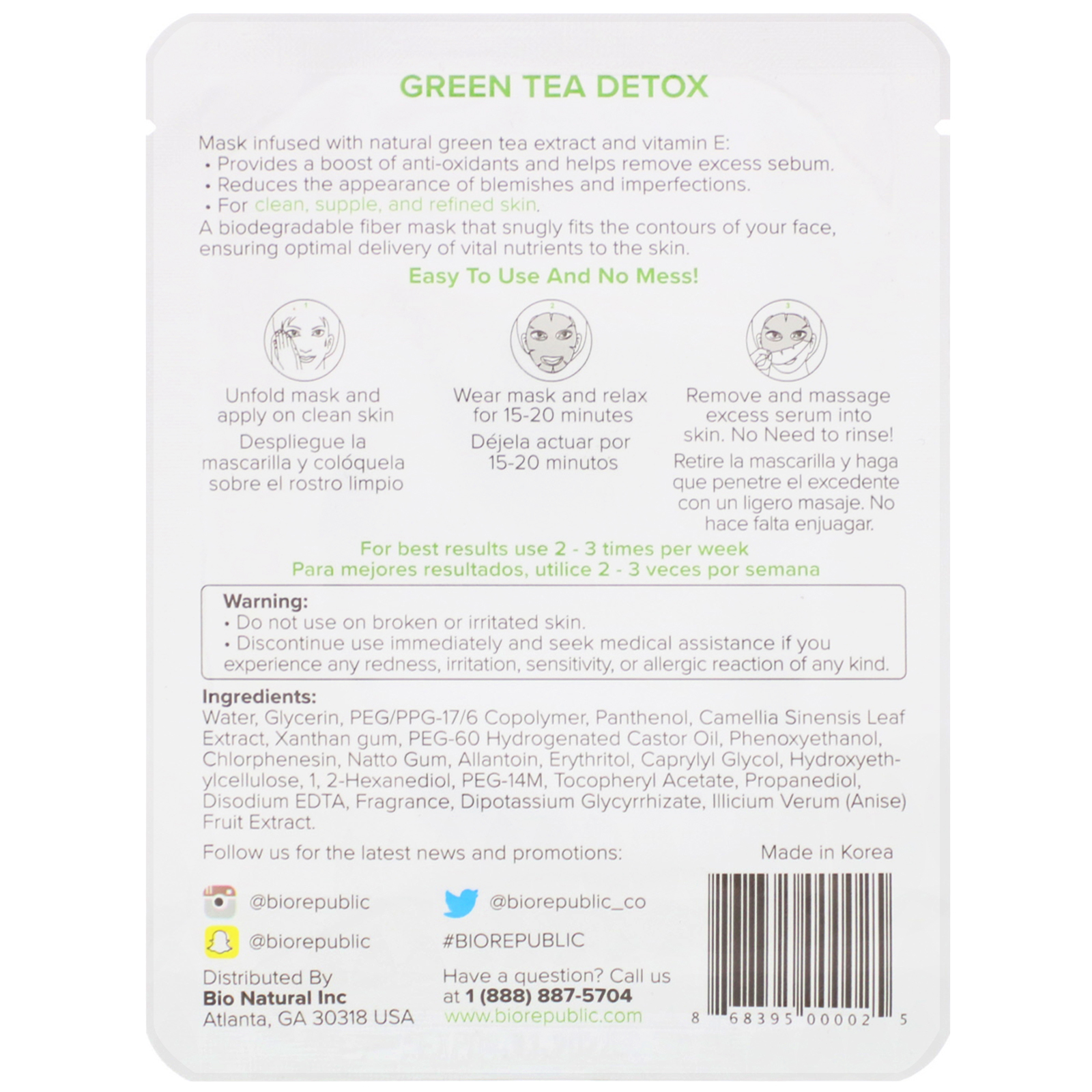 Comprar BioRepublic Skincare, Green Tea Detox, Purifying Fiber Mask, 1 Sheet, 0.63 oz (18 ml) - Imagem 2