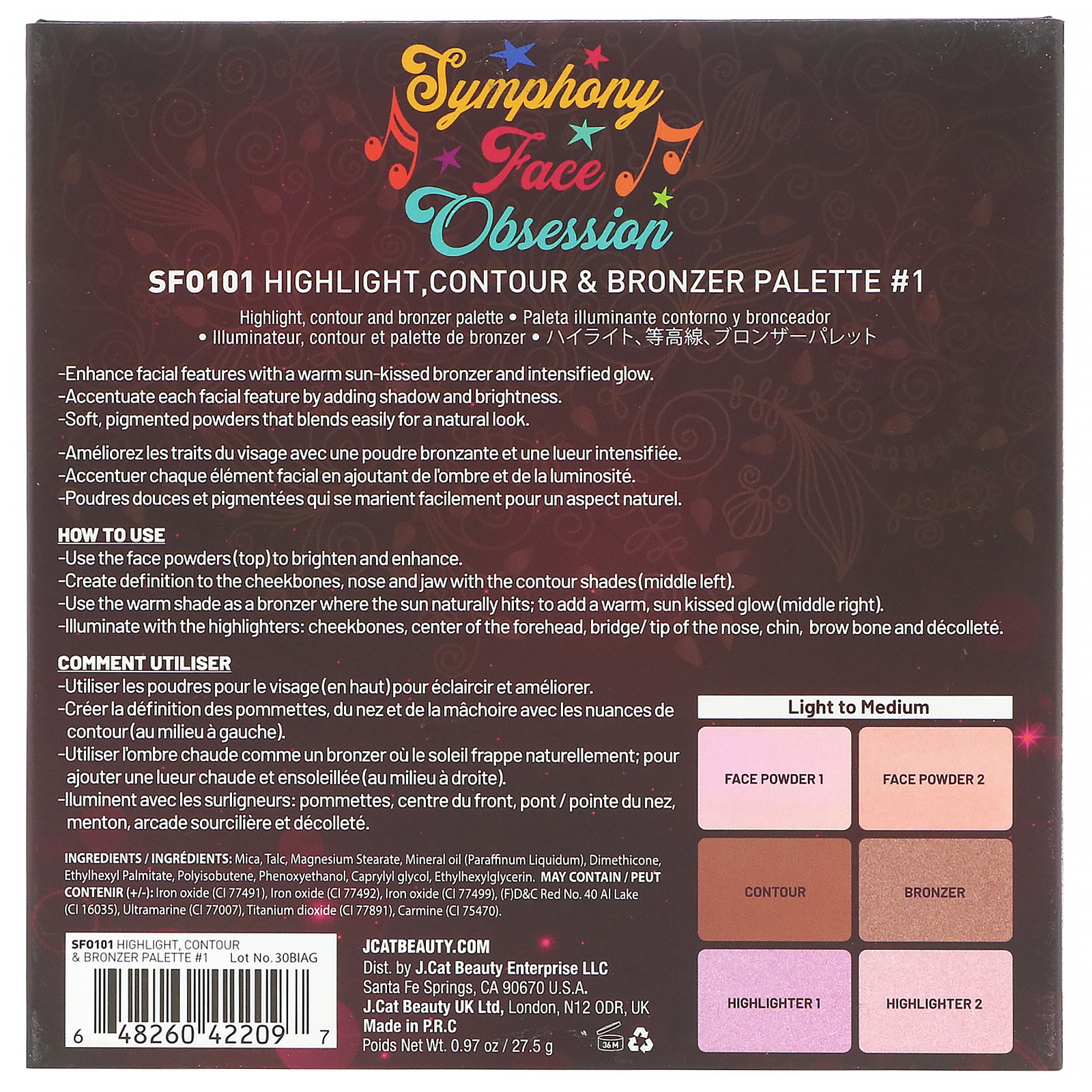 Comprar J.Cat Beauty, Symphony Face Obsession, Paleta de iluminador, contorno e bronzer, SFO101 #1 Clara/Média, 27,5 g - Imagem 3