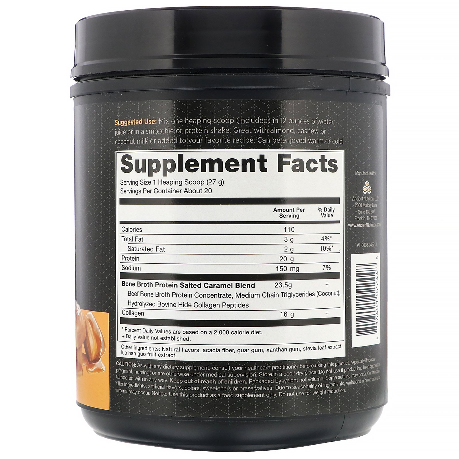 Comprar Dr. Axe / Ancient Nutrition, Bone Broth Protein, Salted Caramel, 1.18 lb (540 g) - Imagem 2