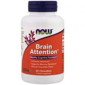 Comprar Now Foods, Brain Attention, Sabor Natural de Chocolate, 60 Mastigáveis