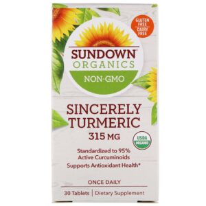 Comprar Sundown Organics, Sincerely Turmeric, 315 mg, 30 Comprimidos