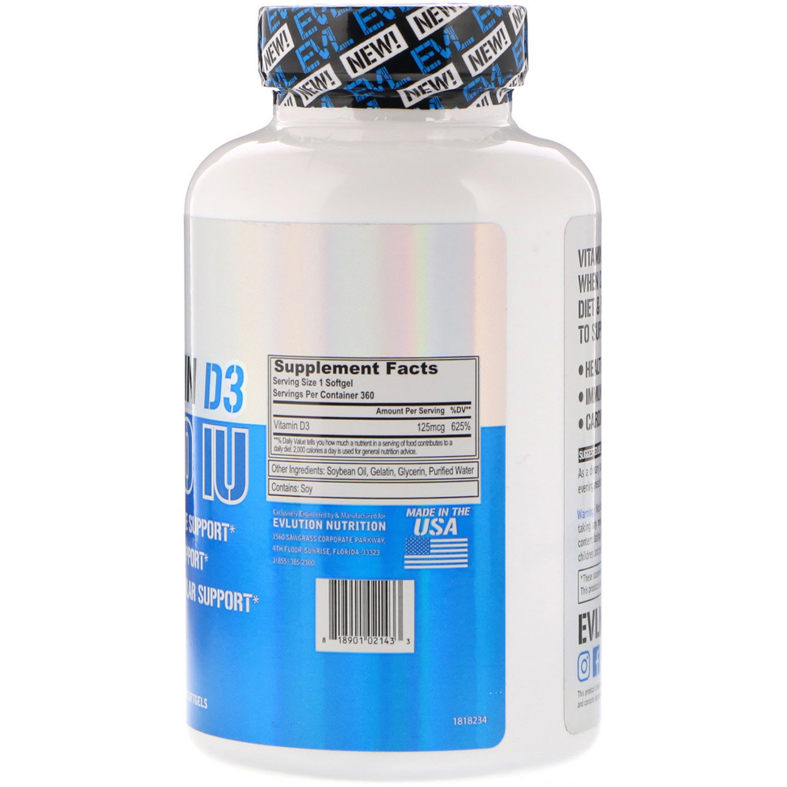 Comprar EVLution Nutrition, Vitamina D3, 5.000 UI, 360 Cápsulas Softgel. - Imagem 2