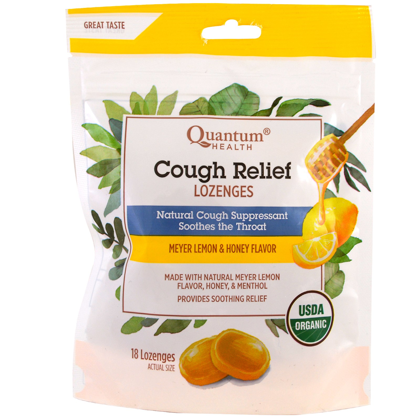 Comprar Quantum Health, Alívio para a tosse, Pastilhas, Sabor de Limão Meyer e Mel, 18 Pastilhas