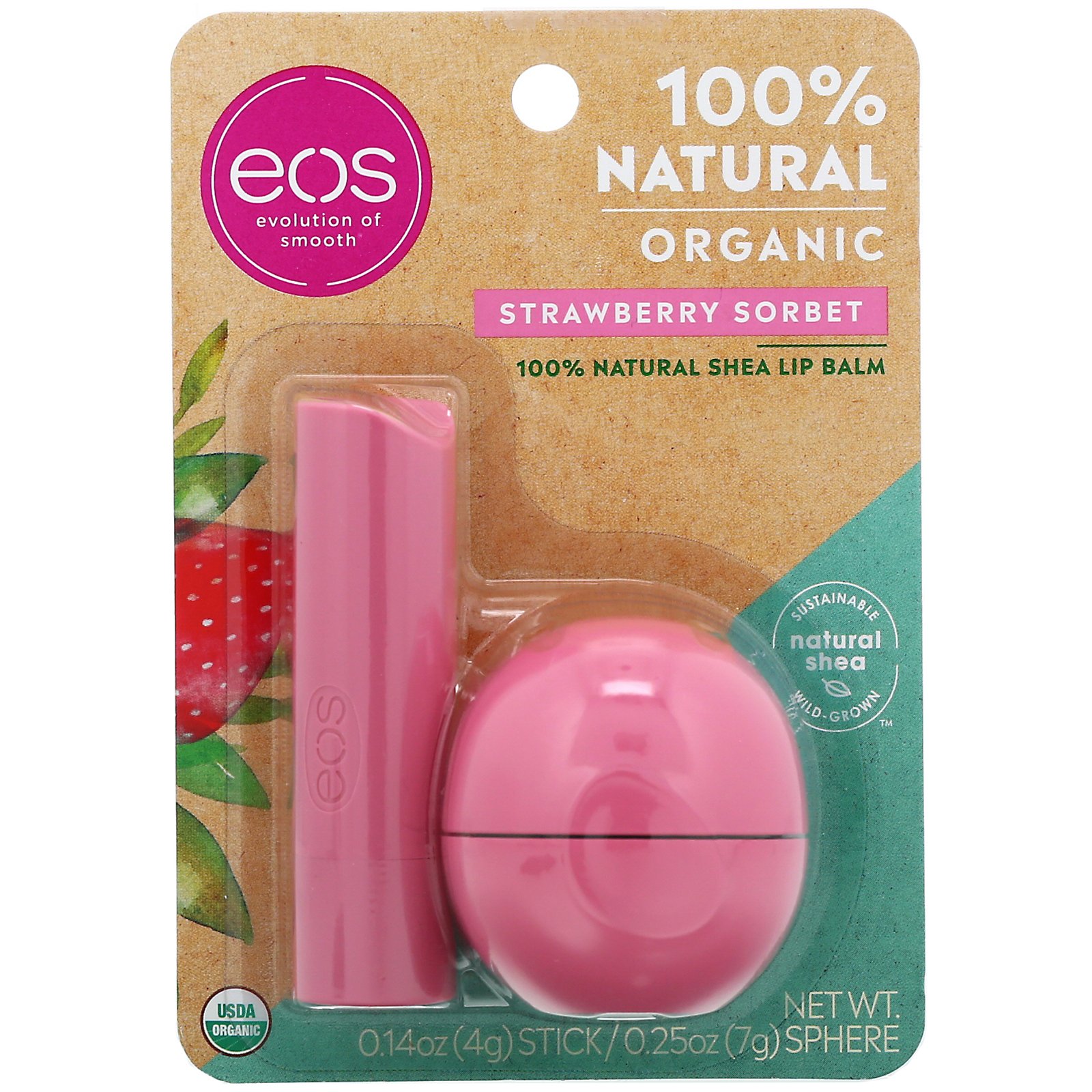 Comprar EOS, 100% Natural Shea Lip Balm, Strawberry Sorbet, 2 Pack, 0.39 oz (11 g) - Imagem 2