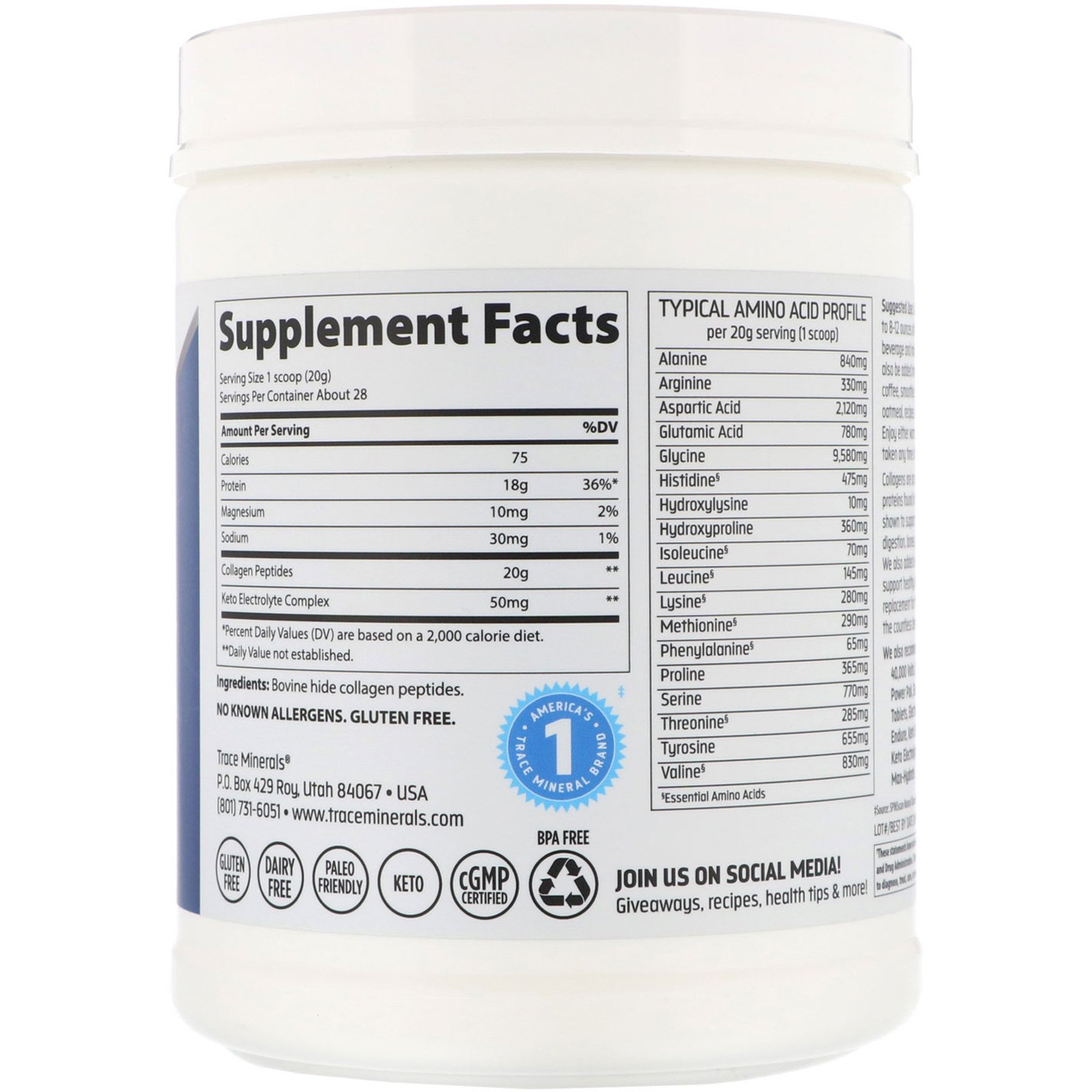 Comprar Trace Minerals Research, Peptídeos de Colágeno + Eletrólitos, Sem Sabor, 19,8 oz (560 g) - Imagem 2