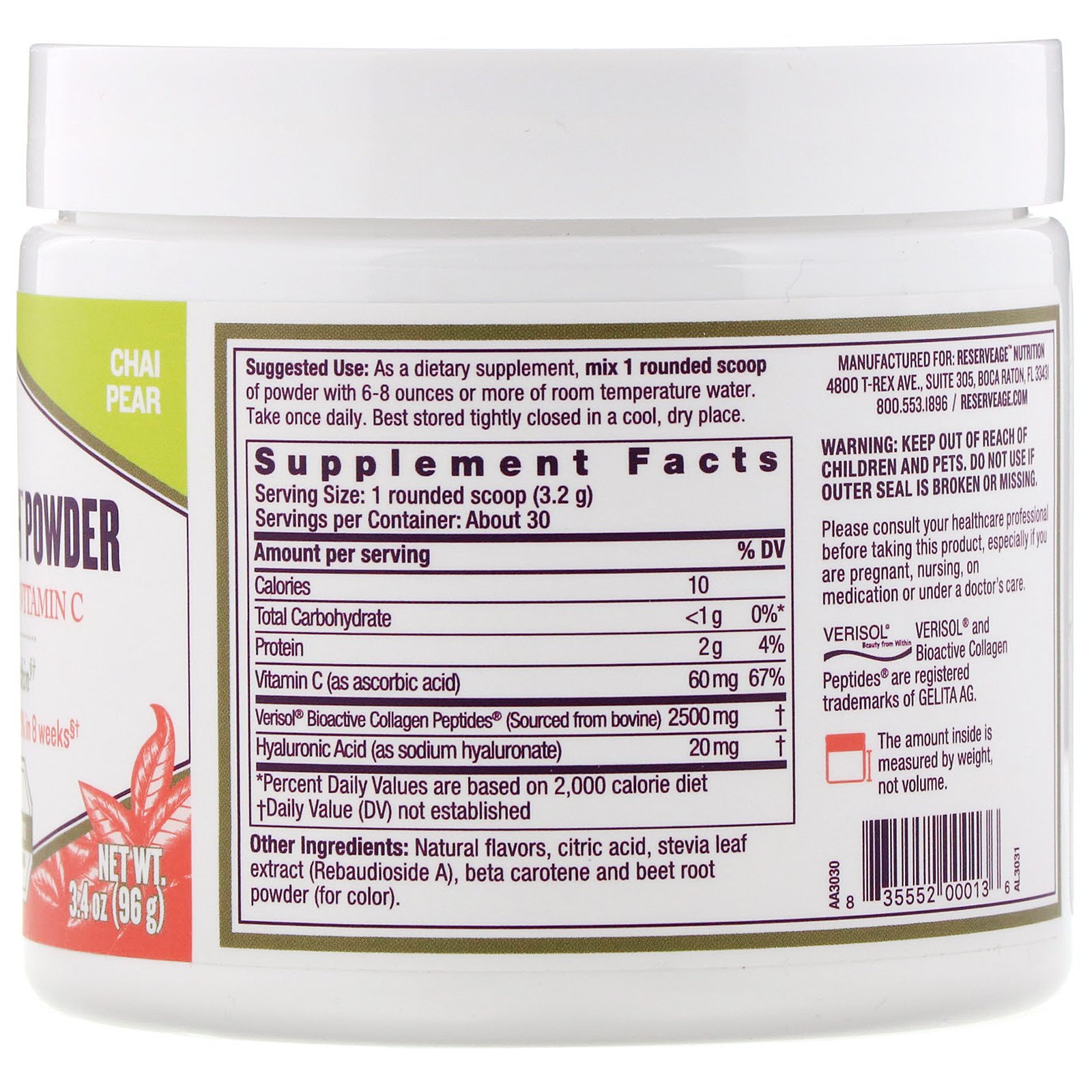 Comprar ReserveAge Nutrition, Collagen Replenish Powder, Chai Pear, 3.4 oz (96 g) - Imagem 2