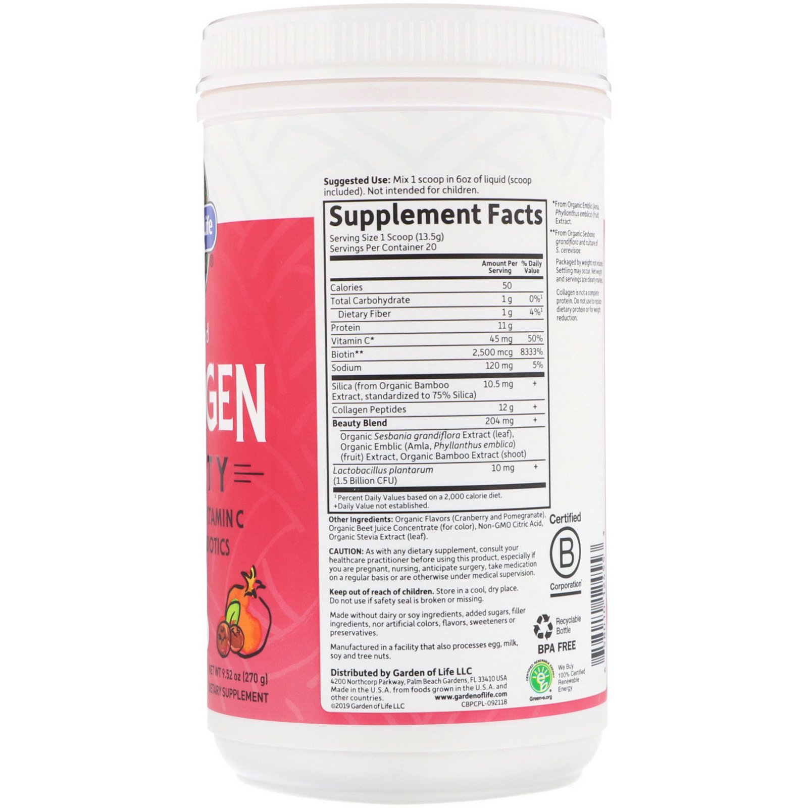 Comprar Garden of Life, Beleza A Partir de Colágeno Alimentado com Grama, Oxicoco e Romã, 9,52 oz (270 g) - Imagem 2