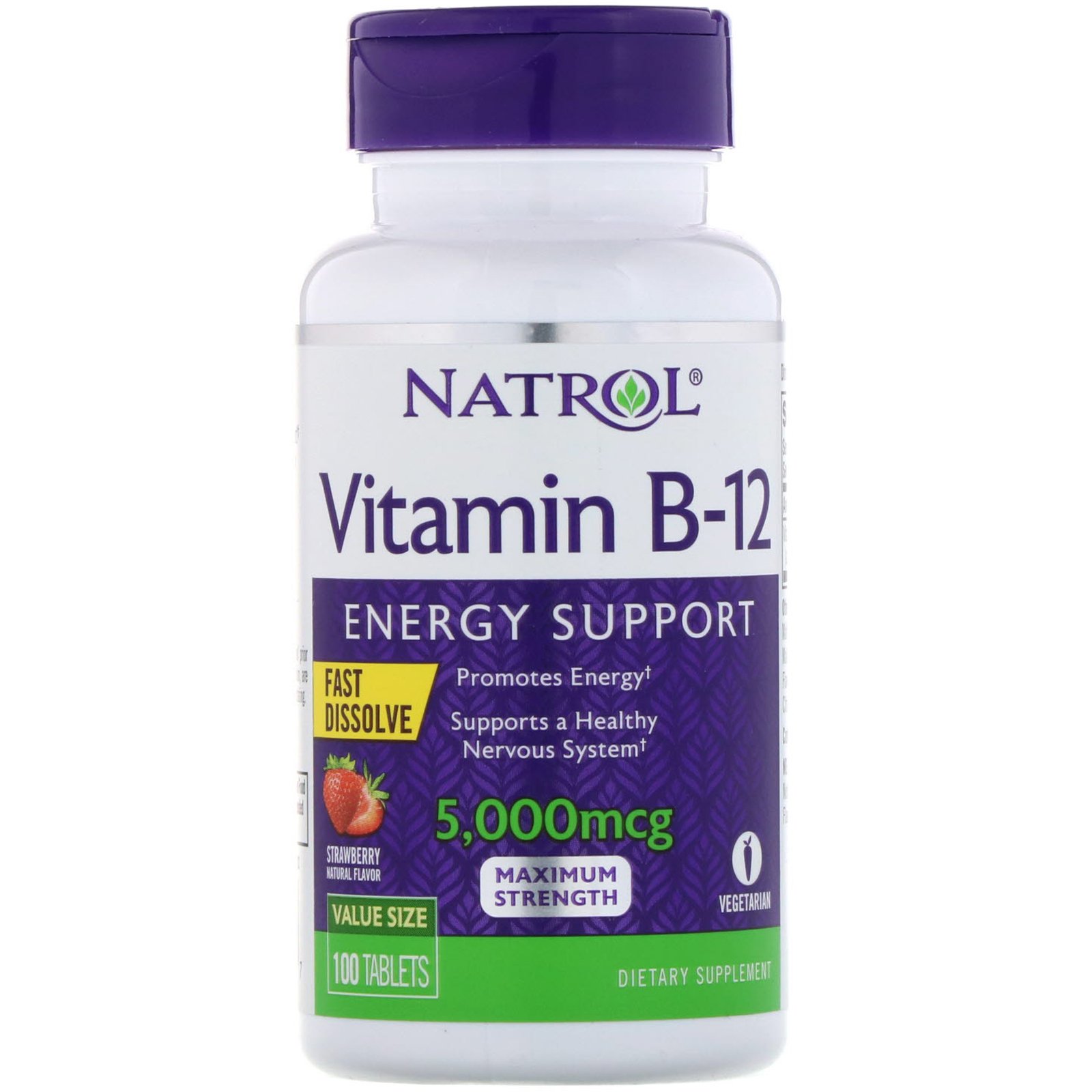 Comprar Natrol, Vitamina B-12, Dissolução Rápida, Força Máxima, Morango, 5.000 mcg, 100 Comprimidos