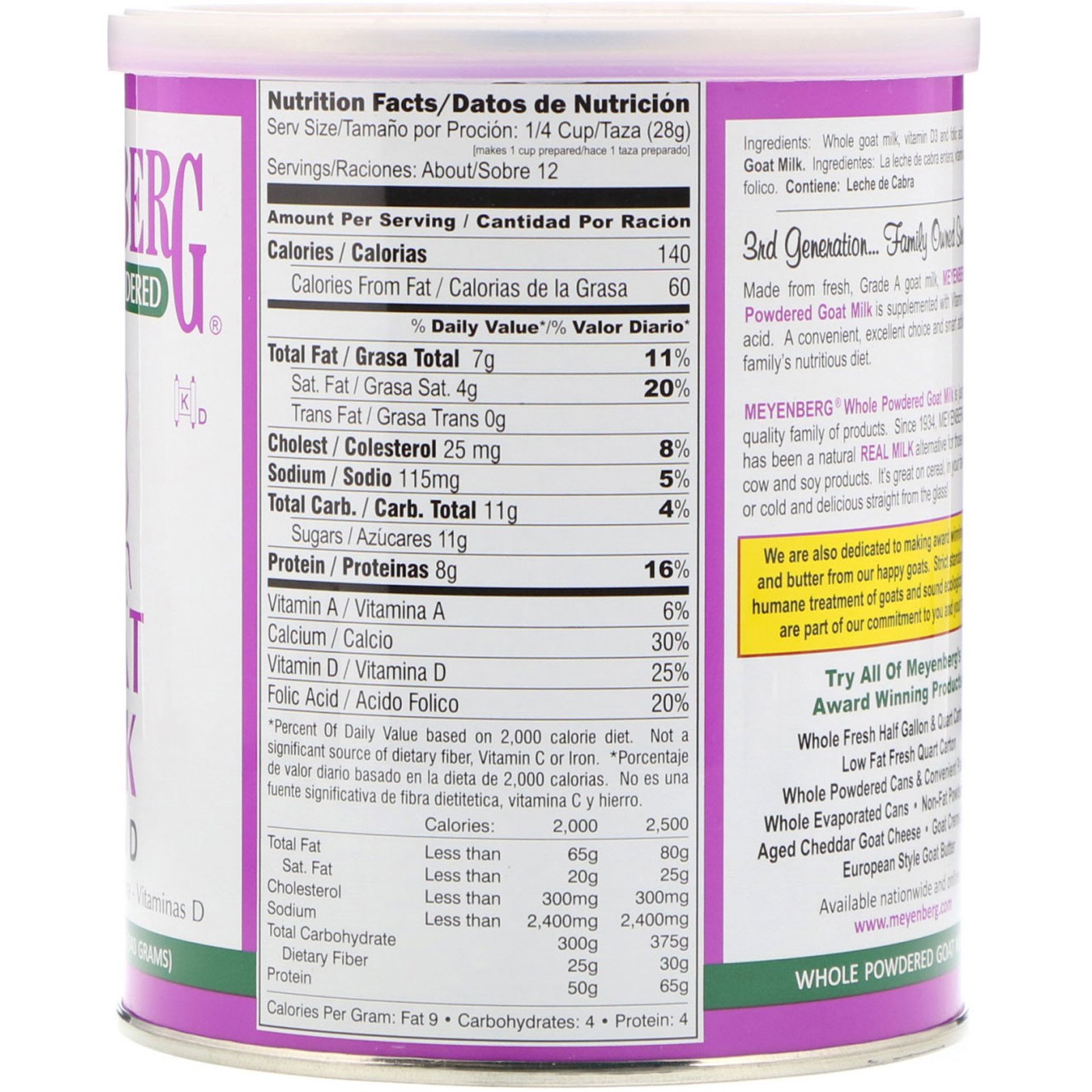Comprar Meyenberg Goat Milk, Leite de Cabra em Pó Integral, Vitamina D, 340 g (12 oz) - Imagem 2