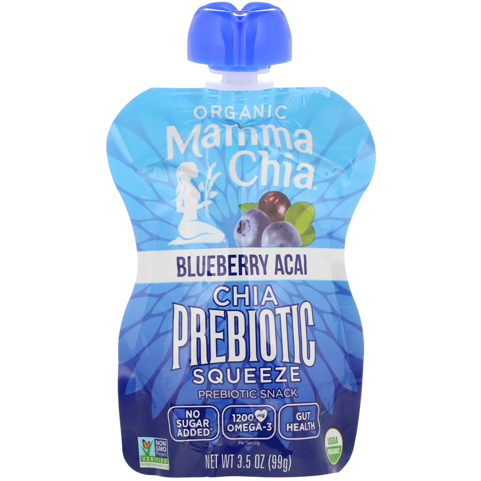 Comprar Mamma Chia, Organic Chia Prebiotic Squeeze, Blueberry Acai, 4 Pouches, 3.5 oz (99 g) Each - Imagem 3