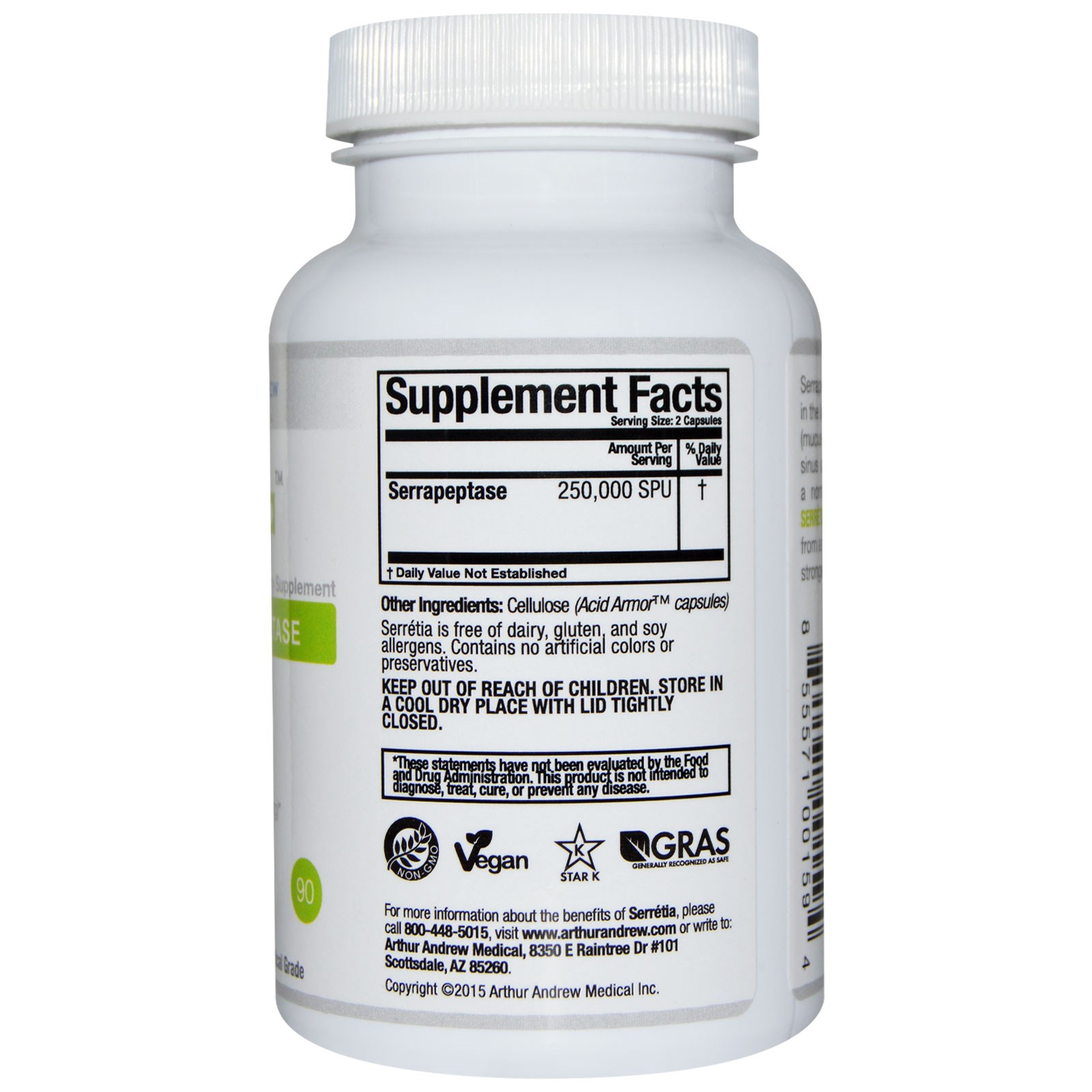 Comprar Arthur Andrew Medical, Serretia, Pure Serrapeptase, 500 mg, 90 Capsules - Imagem 2