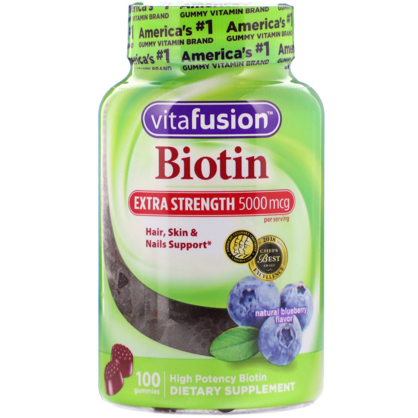 Comprar VitaFusion, Biotina para Força Extra, Sabor natural de mirtilo, 5.000 mcg, 100 Gomas
