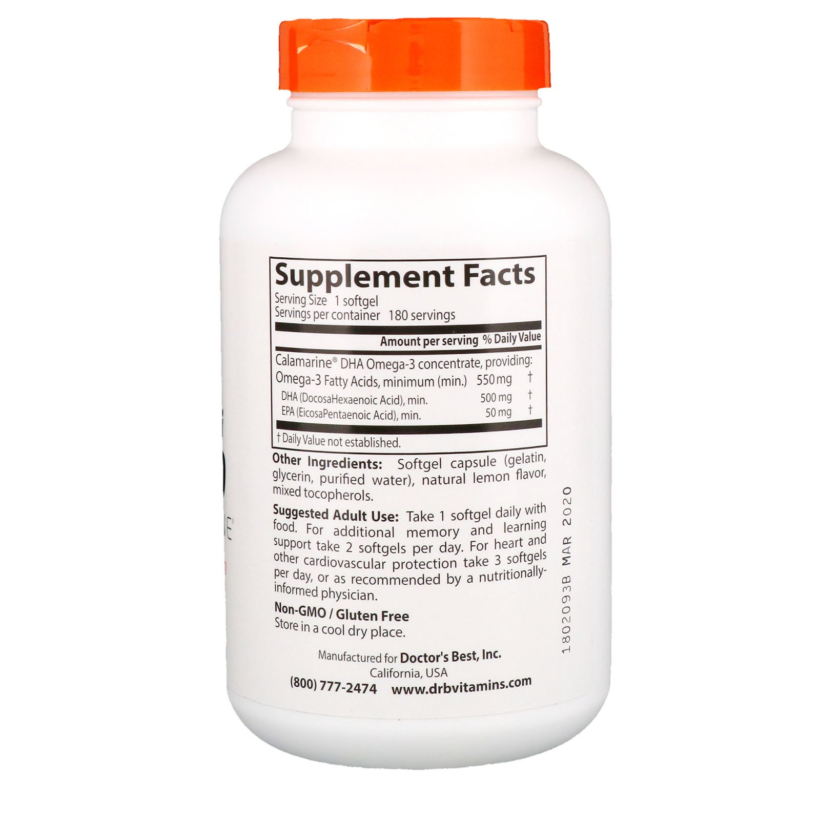 Comprar Doctor's Best, Calamari DHA 500 with Calamarine, 500 mg, 180 Softgels - Imagem 2