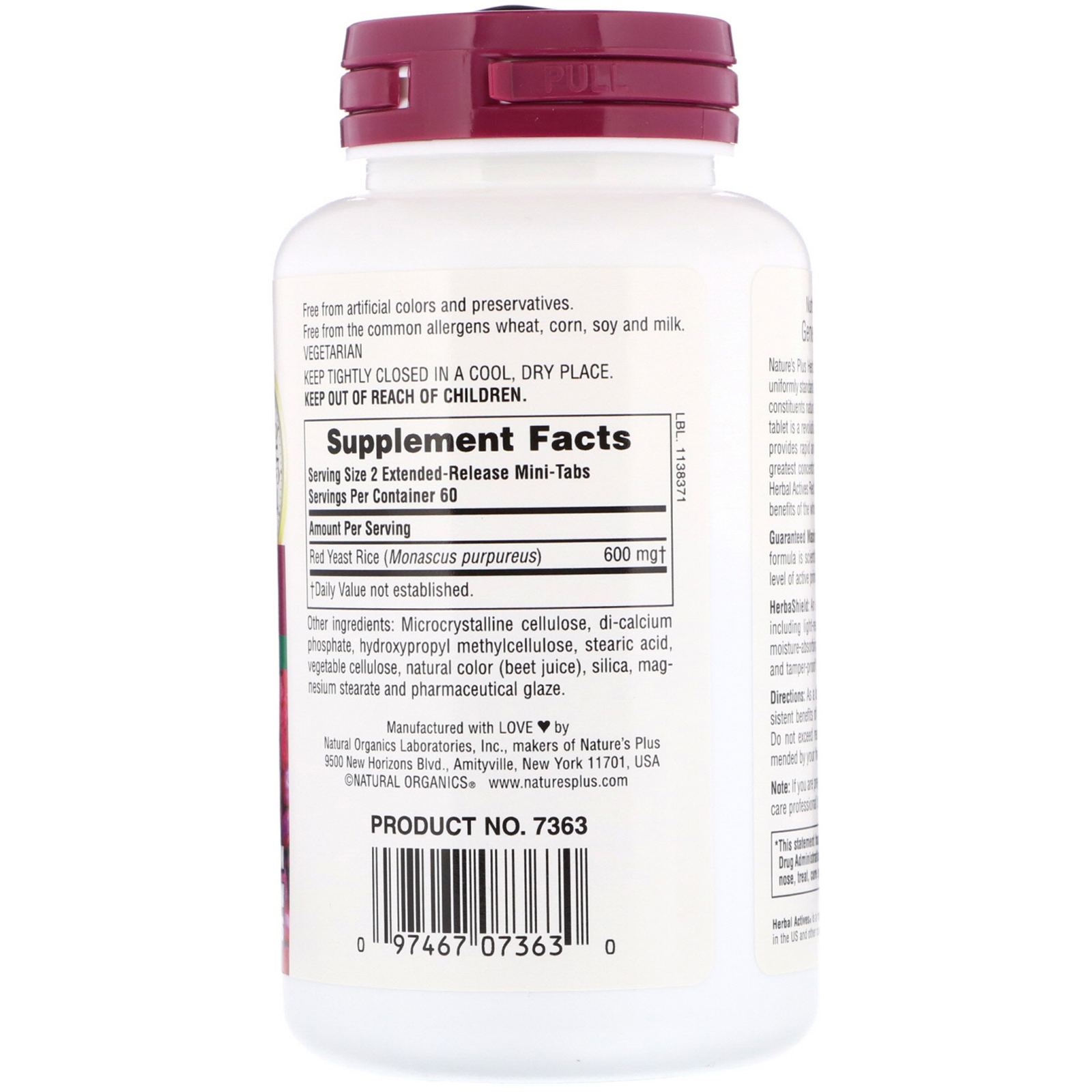 Comprar Nature's Plus, Ativos à base de ervas, arroz de levedura vermelha, 600mg, 120 mini tabletes - Imagem 2