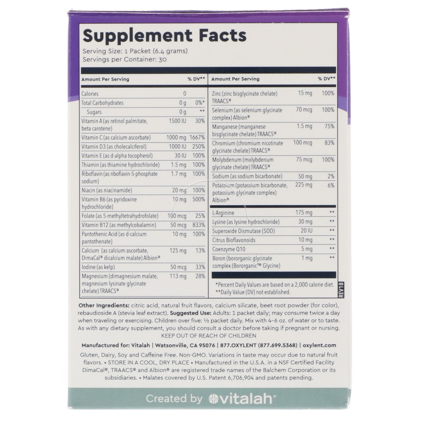 Comprar Vitalah, Oxylent, Multivitamin Supplement Drink, Sparkling Blackberry Pomegranate, 30 Packets, 0.23 oz (6.4 g) Each - Imagem 2
