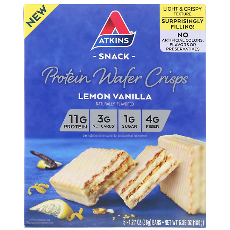 Comprar Atkins, Bolacha Wafer de Proteína, Baunilha e Limão, 5 Barras, 1,27 oz (36 g) Cada