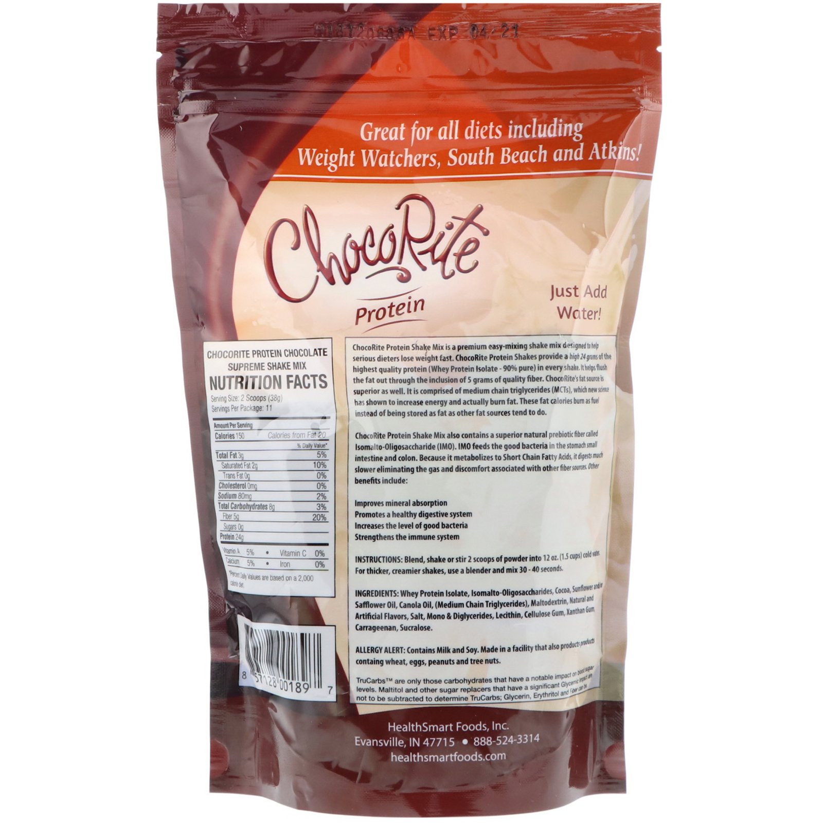 Comprar HealthSmart Foods, Proteína ChocoRite, Chocolate Supremo, 418 g - Imagem 2