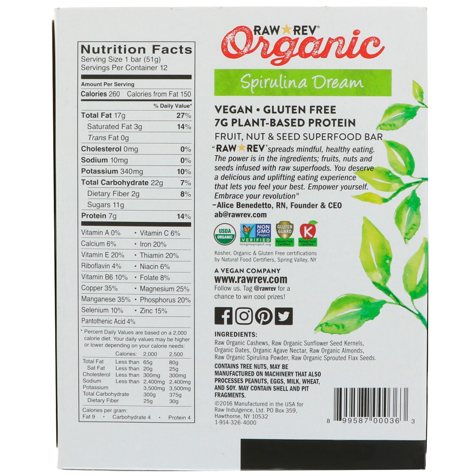 Comprar Raw Rev, Barra Orgânica de Alimentos Vivos, Sonho de Espirulina, 12 Barras, 1,8 onças (51 g) cada - Imagem 2