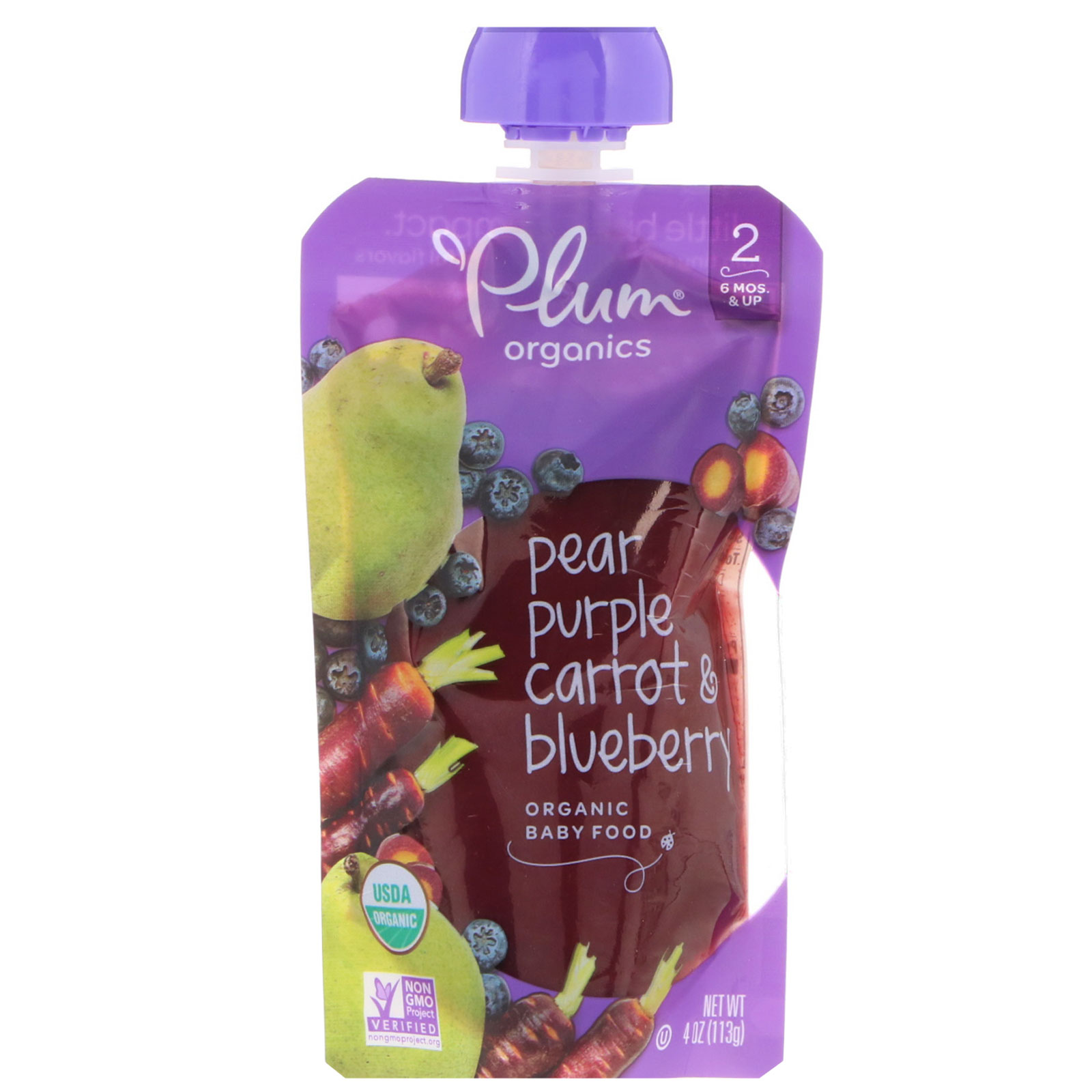 Comprar Plum Organics, Papinha de Bebê Orgânica, Estágio 2, Pera, Cenoura Roxa e Mirtilo, 4 oz (113 g)