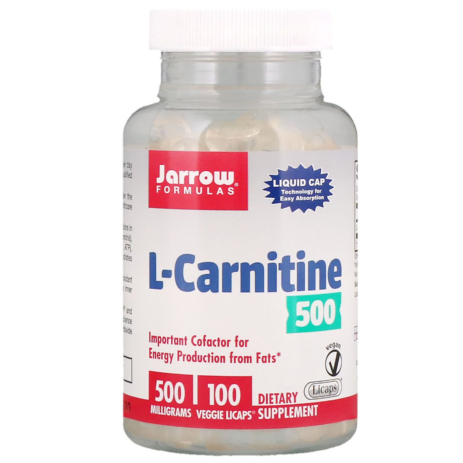 Comprar Jarrow Formulas, L-Carnitine 500, 500 mg, 100 Veggie Licaps