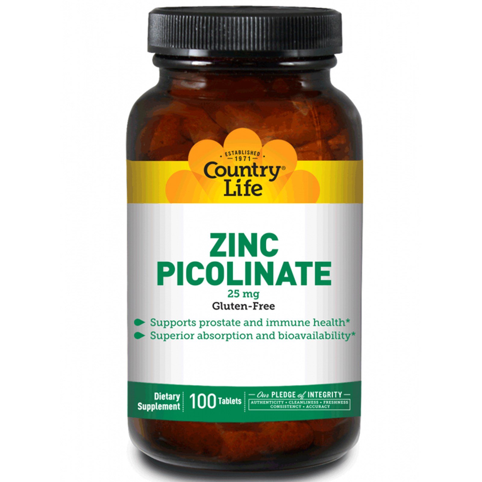 Comprar Country Life, Picolinato de Zinco, 25 mg, 100 Comprimidos