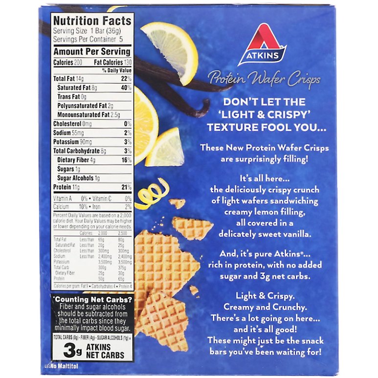 Comprar Atkins, Bolacha Wafer de Proteína, Baunilha e Limão, 5 Barras, 1,27 oz (36 g) Cada - Imagem 2