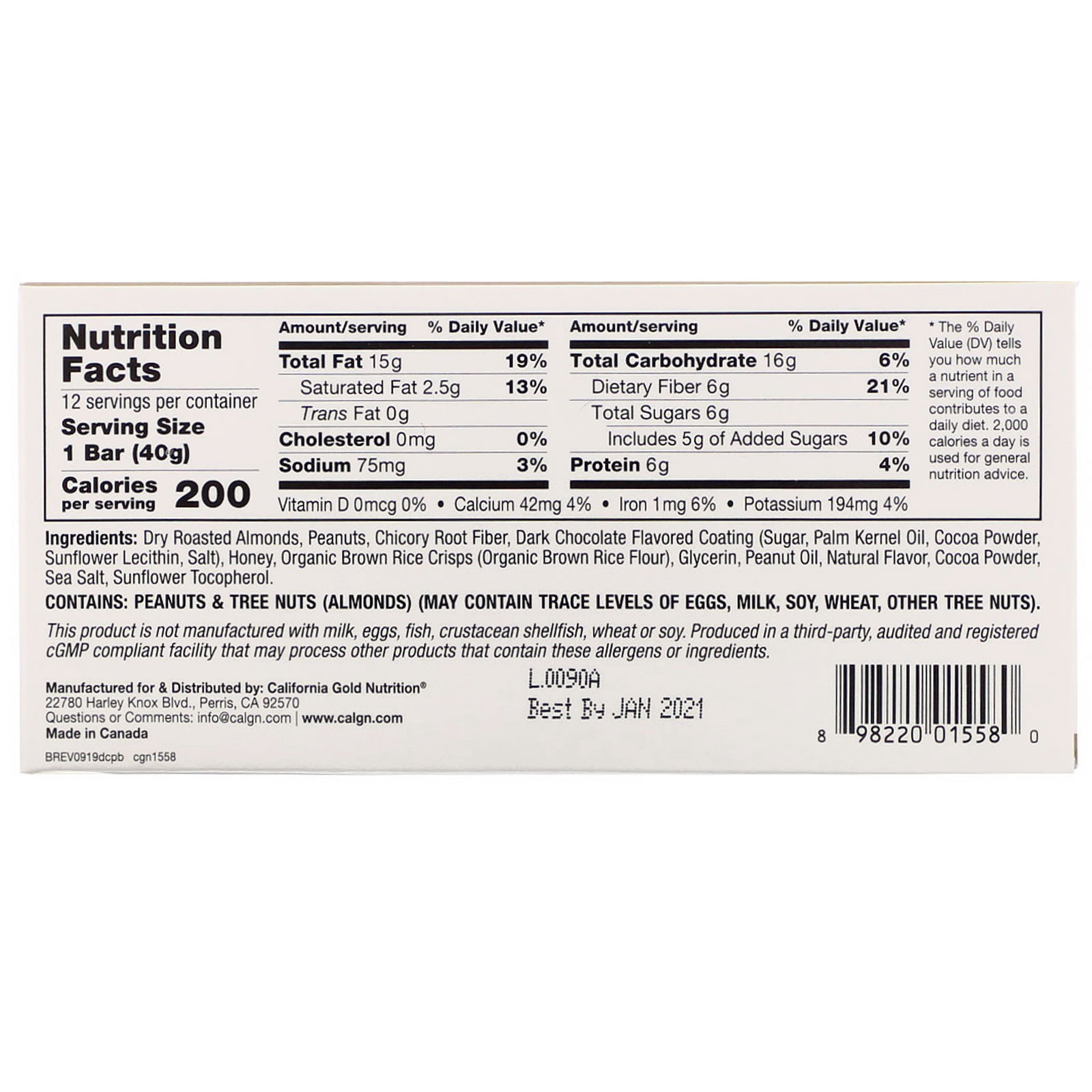 Comprar California Gold Nutrition, Foods, Double Chocolate Peanut Butter Flavor Bars, 12 Bars, 1.4 oz (40 g) - Imagem 3