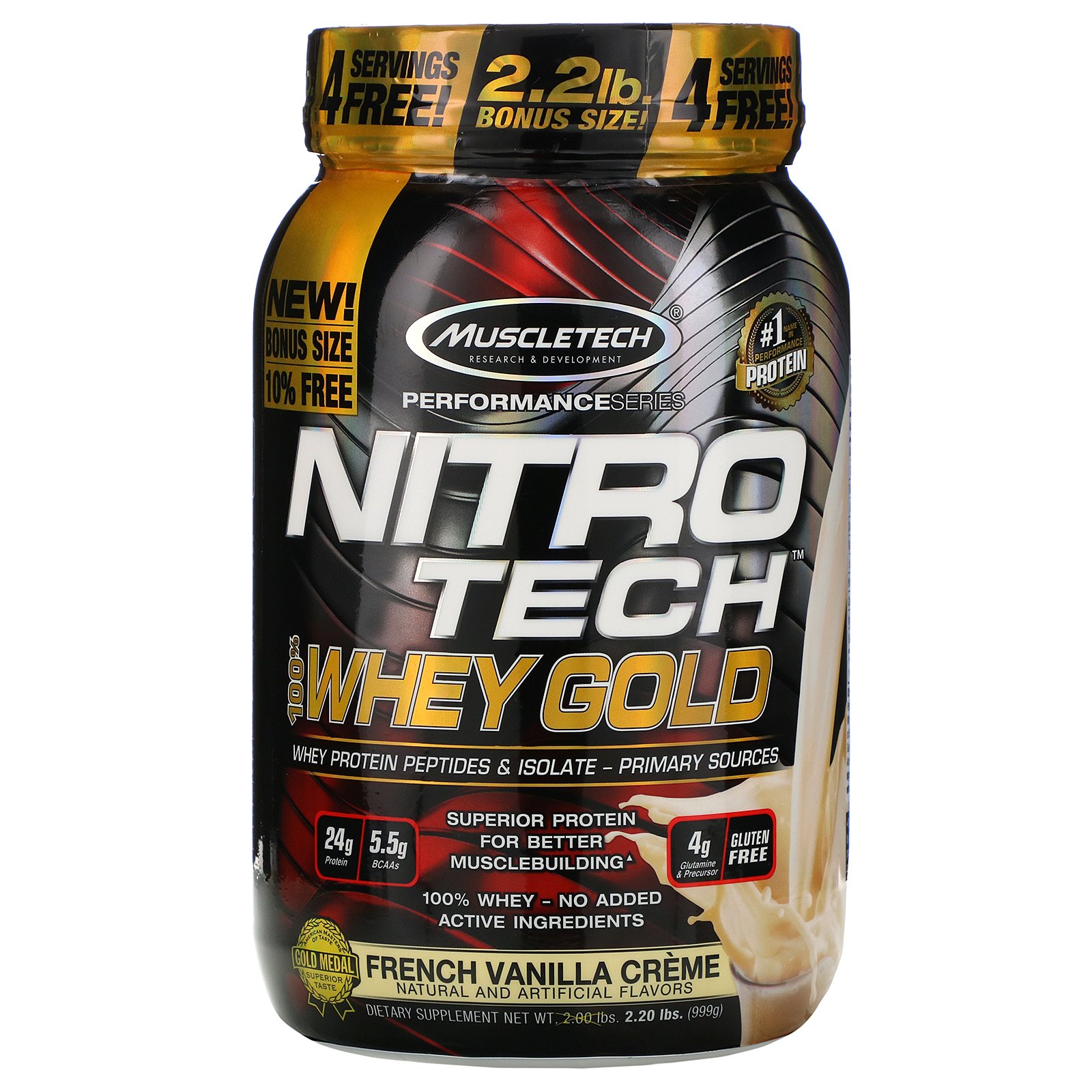 Comprar Muscletech, Nitro Tech, 100% Whey Gold, Creme de Baunilha Francês, 2,20 lbs (999 g)