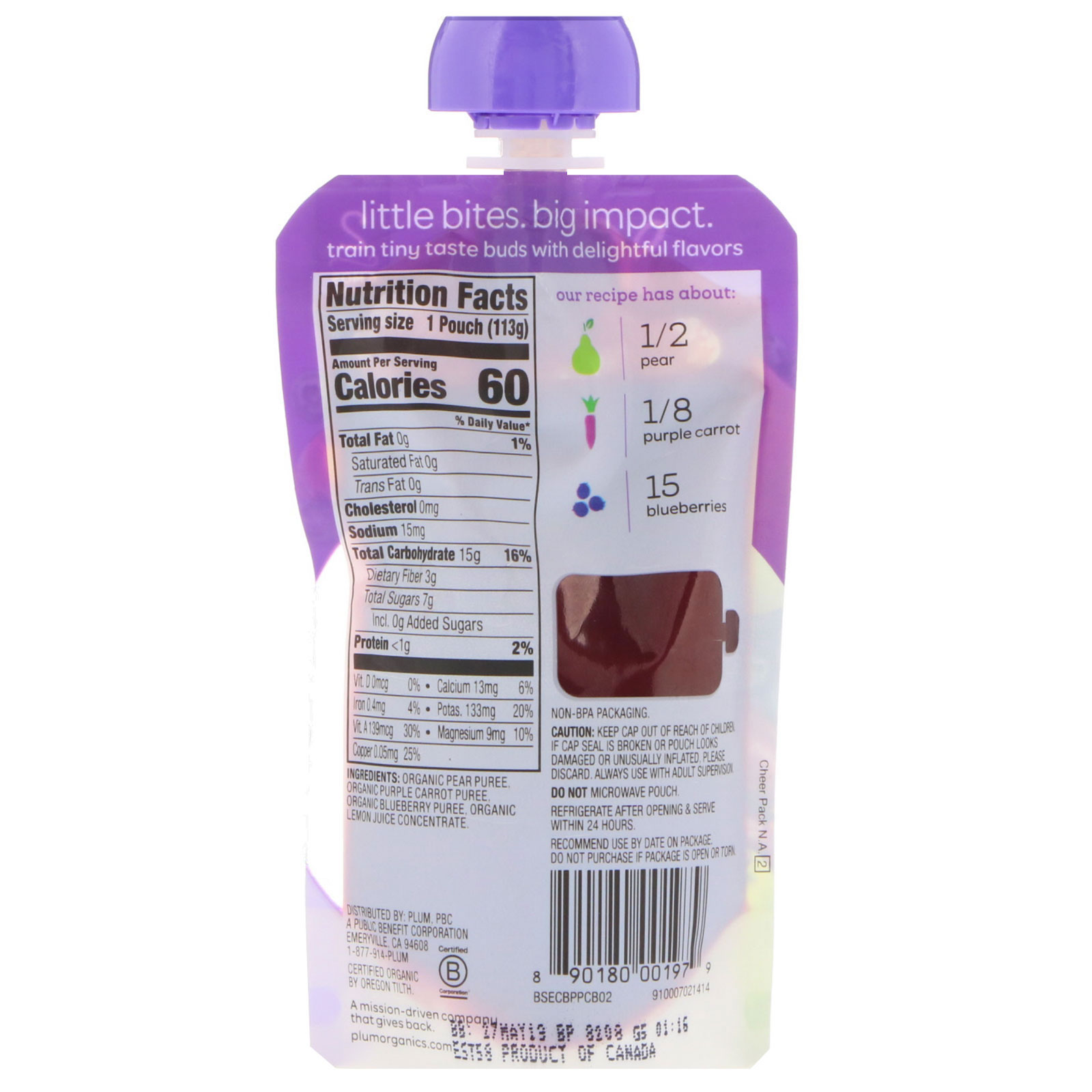 Comprar Plum Organics, Papinha de Bebê Orgânica, Estágio 2, Pera, Cenoura Roxa e Mirtilo, 4 oz (113 g) - Imagem 2