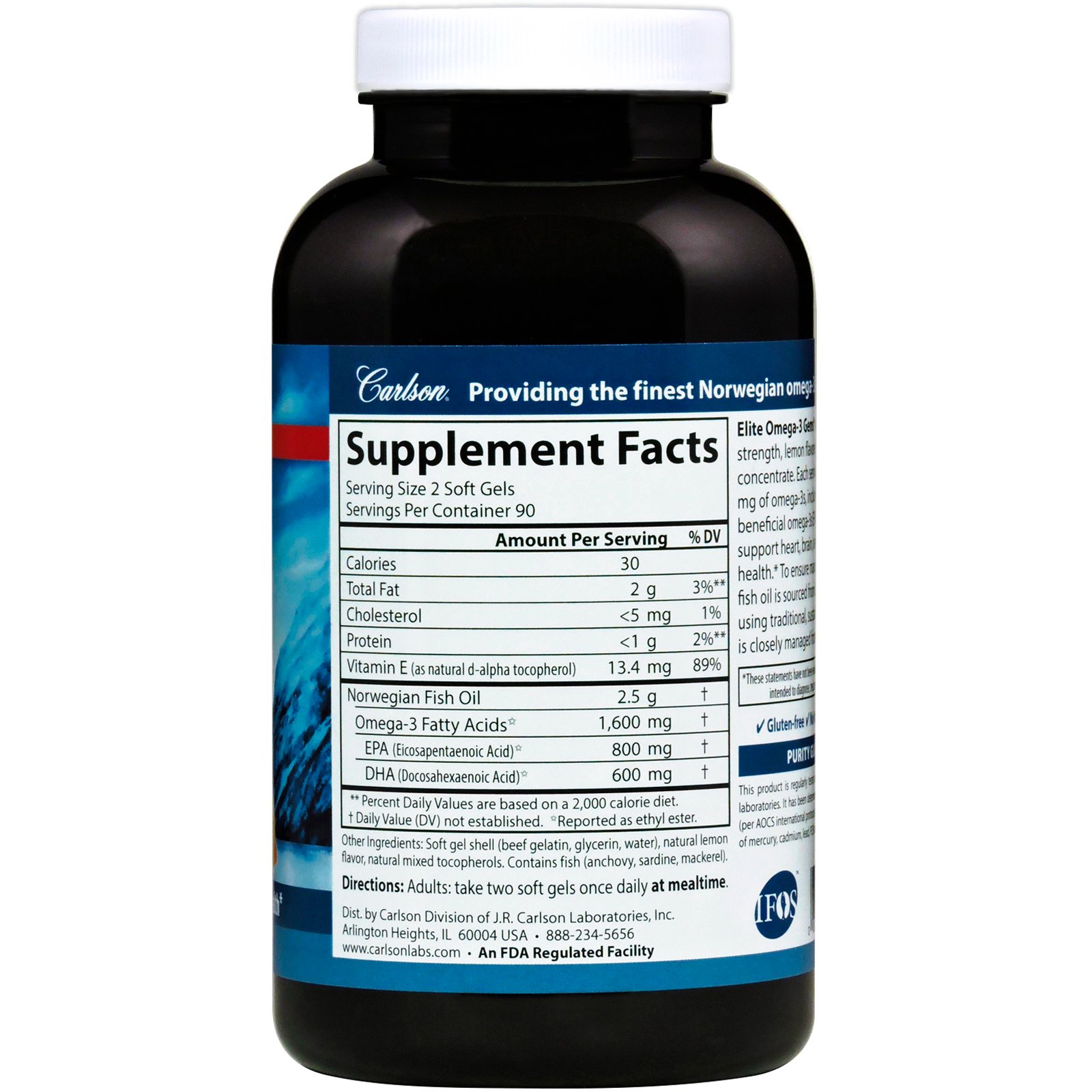 Comprar Carlson Labs, Peixe Selvagem, Elite Omega-3 Gems, Sabor Natural de Limão, 1600 mg, 180 Cápsulas de Softgel - Imagem 2