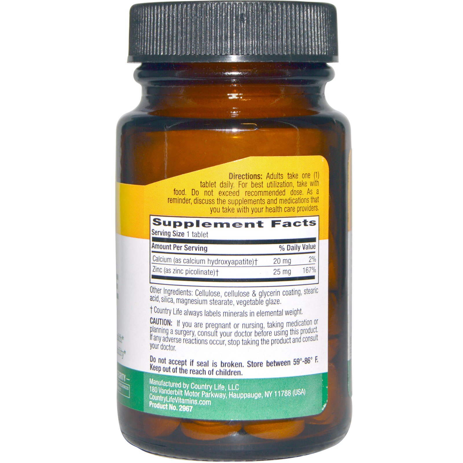Comprar Country Life, Picolinato de Zinco, 25 mg, 100 Comprimidos - Imagem 2