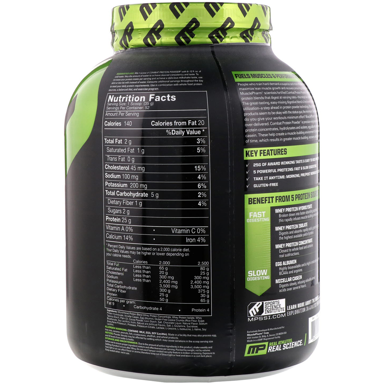 Comprar MusclePharm, Combat Powder, Advanced Time Release Protein, Cookies 'N' Cream, 4 lbs (1814 g) - Imagem 2