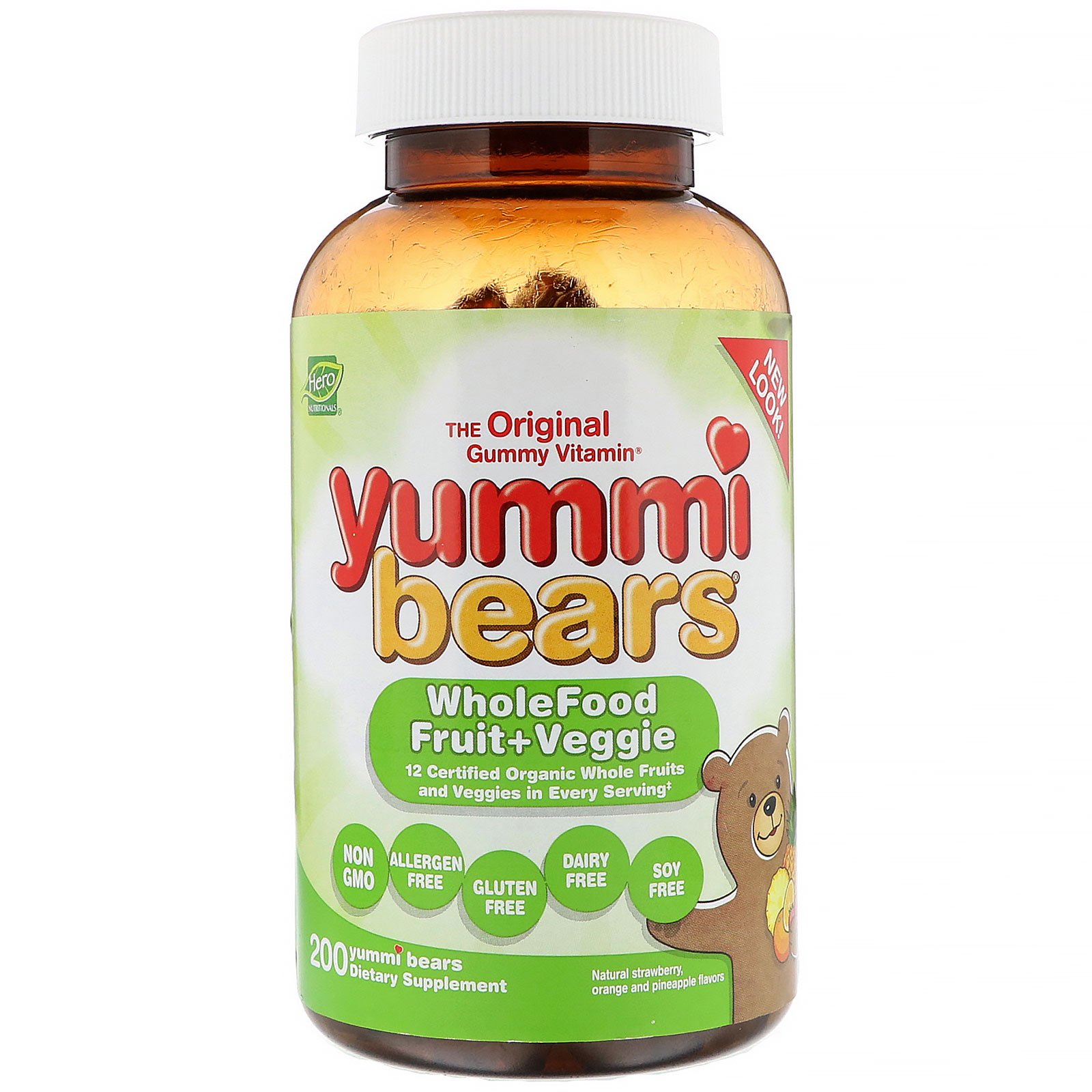Comprar Hero Nutritional Products, Yummi Bears, Wholefood Fruit + Veggie, Natural Strawberry, Orange and Pineapple, 200 Yummi Bears