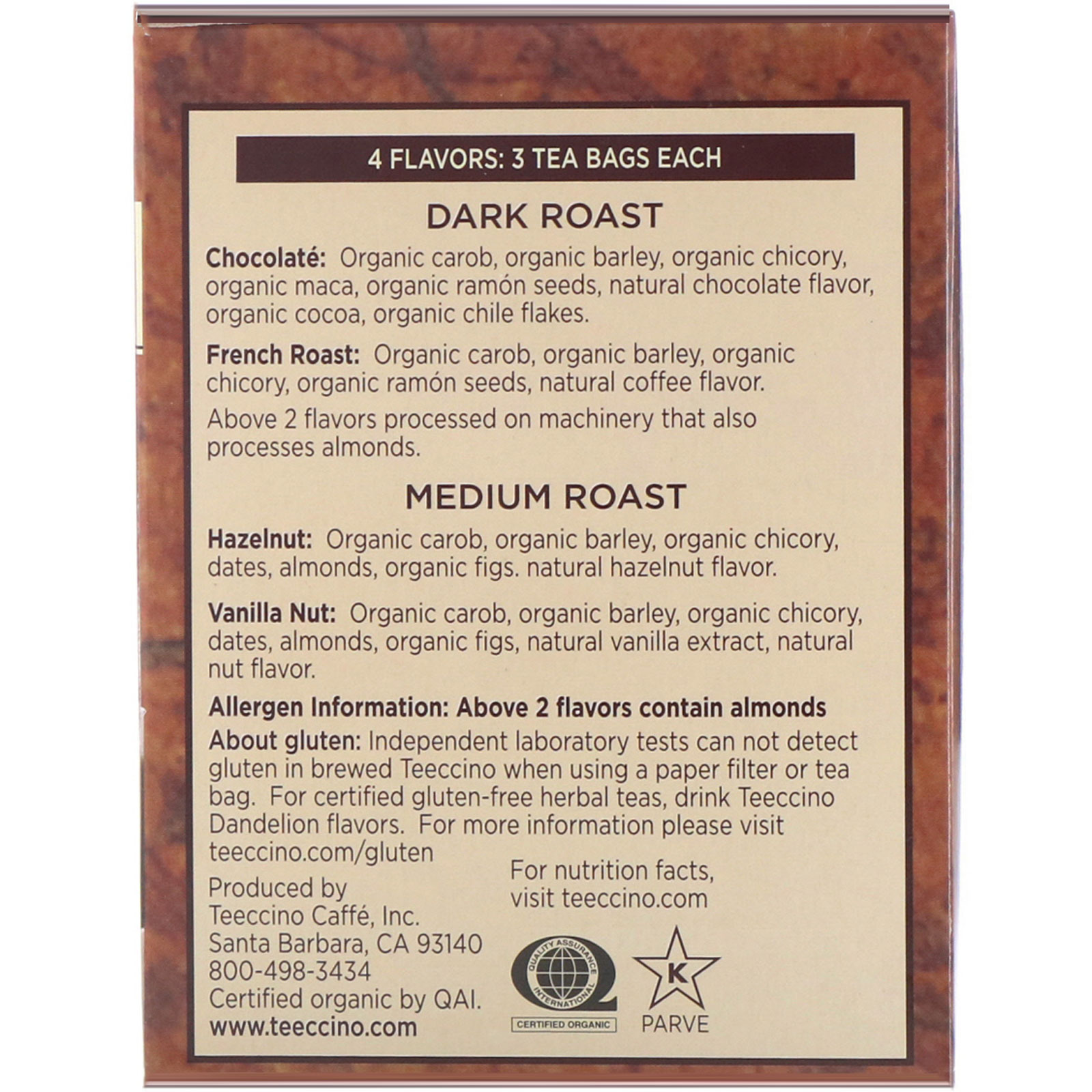 Comprar Teeccino, Roasted Herbal Tea Sampler, 4 Herbal Flavors, Caffeine Free, 12 Tea Bags, 2.54 oz (72 g) - Imagem 2