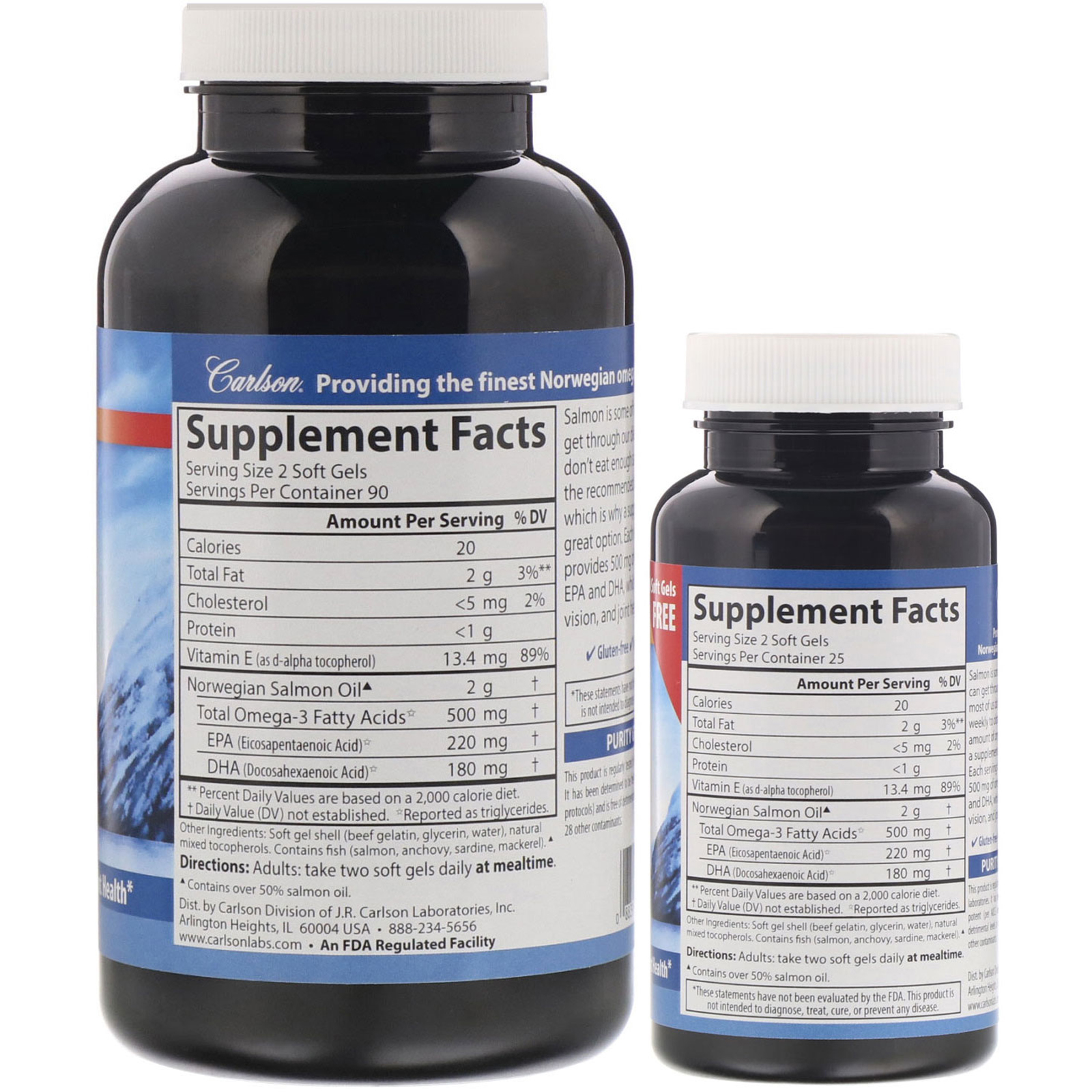 Comprar Carlson Labs, Norwegian, Salmon Oil, 500 mg, 180 + 50 Free Soft Gels - Imagem 2