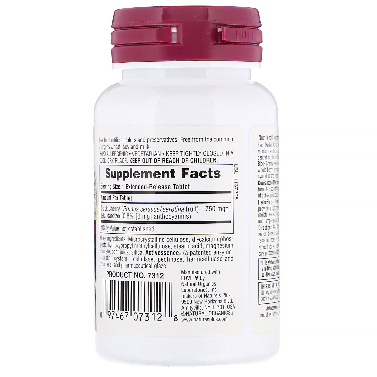 Comprar Nature's Plus, Ativos Herbários, Cereja Preta, 750 mg, 30 Comprimidos - Imagem 2