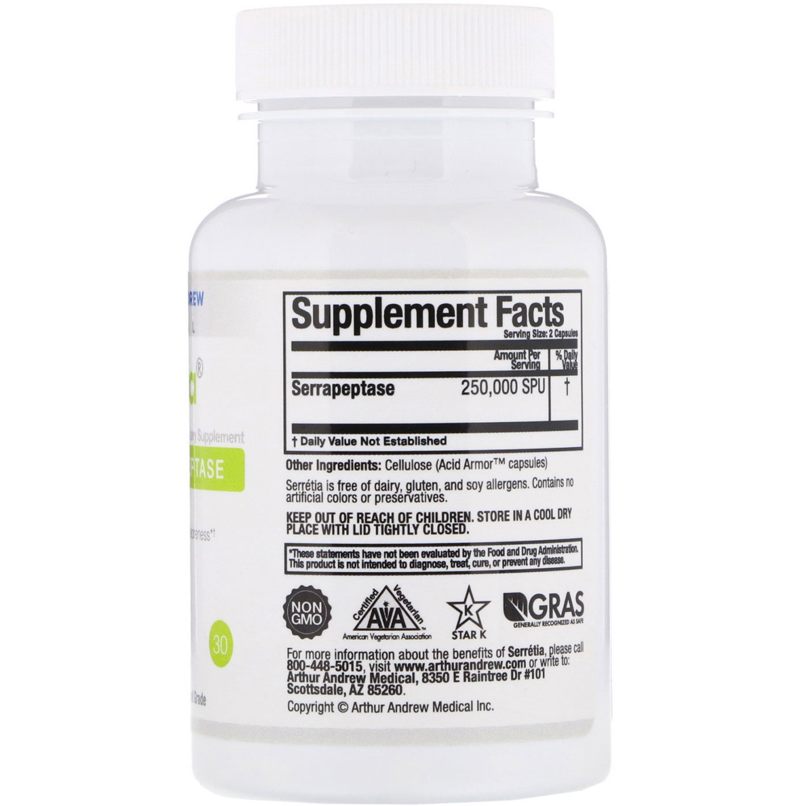 Comprar Arthur Andrew Medical, Serretia, Pure Serrapeptase, 500 mg, 30 Capsules - Imagem 2