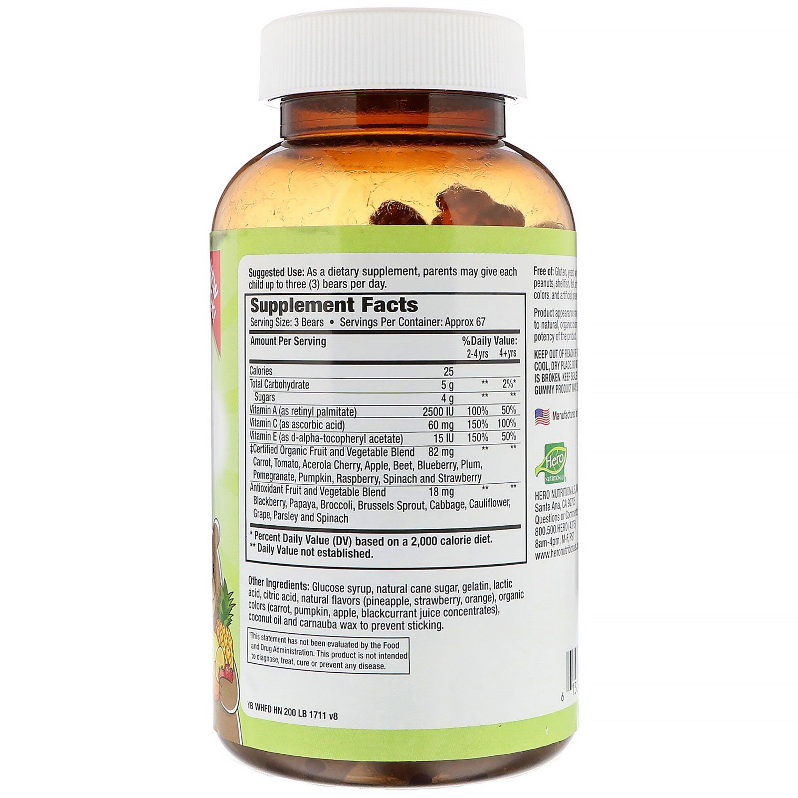 Comprar Hero Nutritional Products, Yummi Bears, Wholefood Fruit + Veggie, Natural Strawberry, Orange and Pineapple, 200 Yummi Bears - Imagem 2
