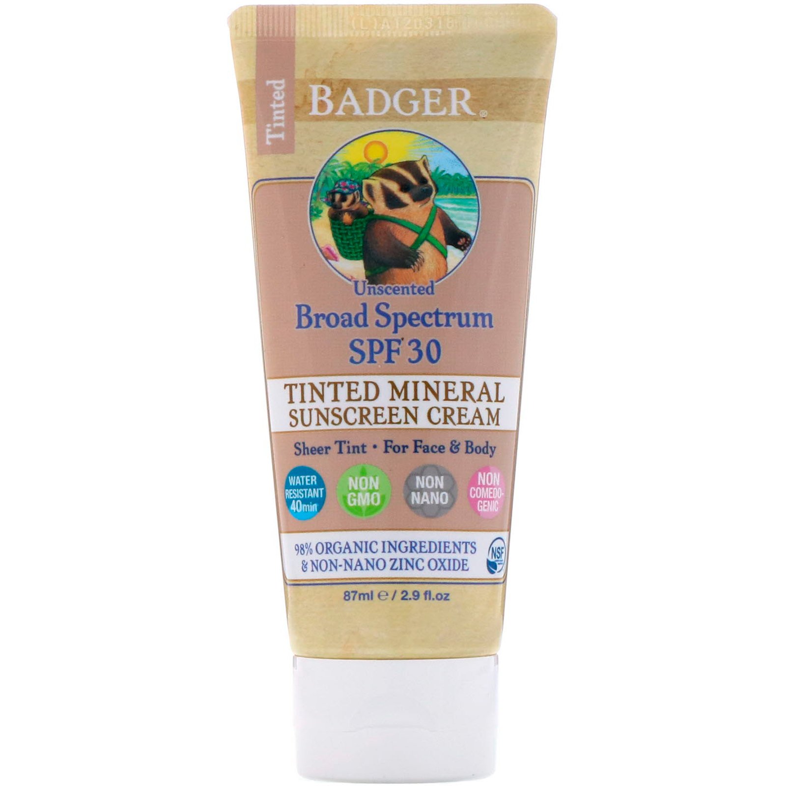 Comprar Badger Company, Tinted Mineral Sunscreen Cream, Broad Spectrum SPF 30, Unscented, 2.9 fl oz (87 ml)