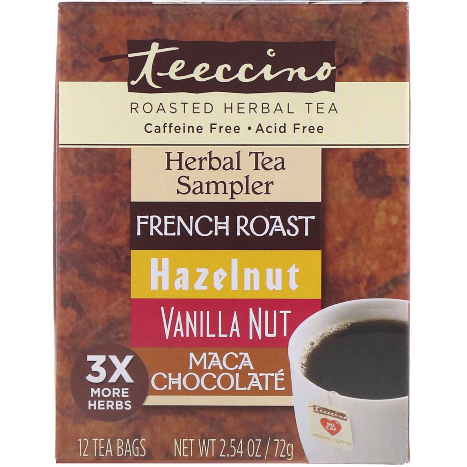 Comprar Teeccino, Roasted Herbal Tea Sampler, 4 Herbal Flavors, Caffeine Free, 12 Tea Bags, 2.54 oz (72 g)