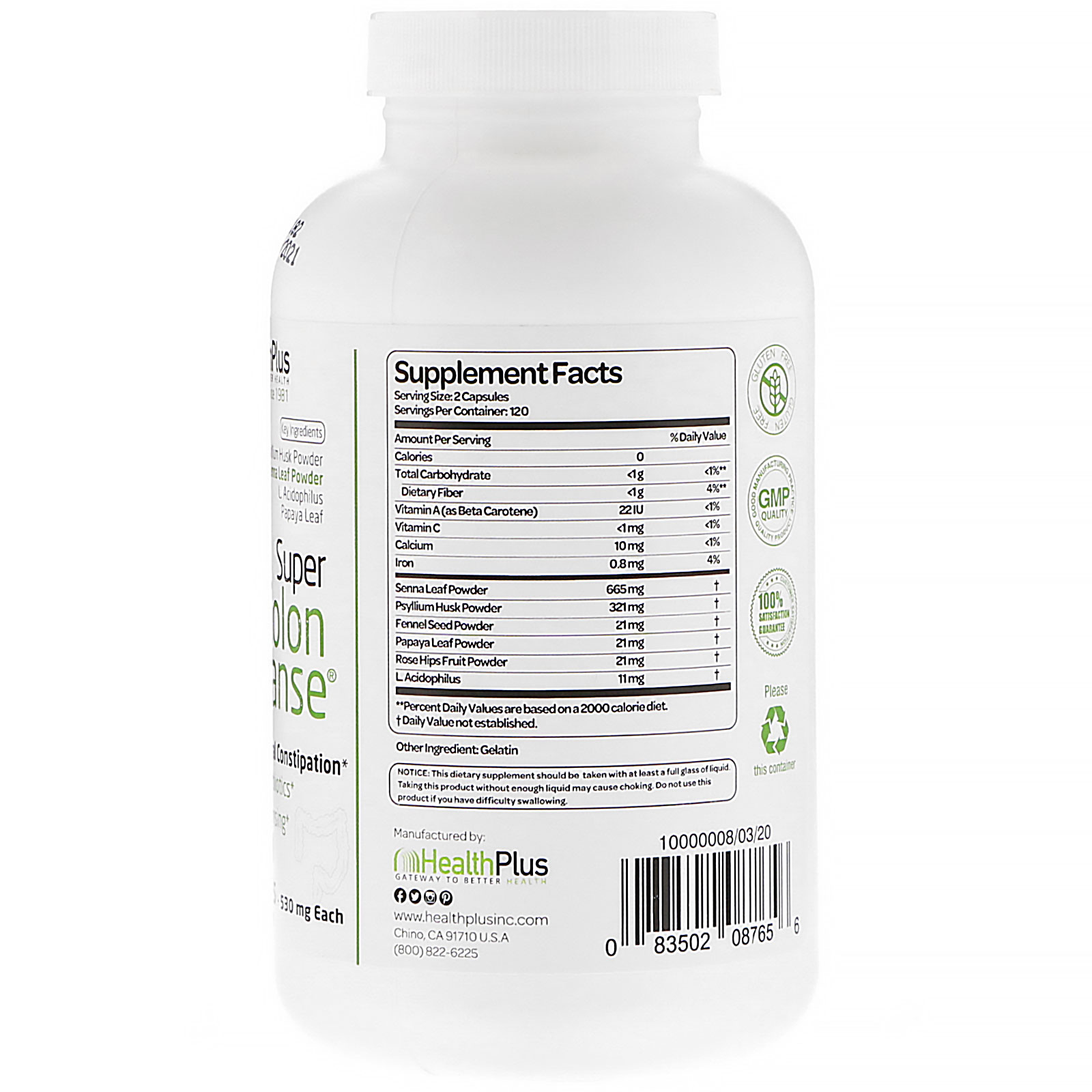 Comprar Health Plus, Super Colon Cleanse, 530 mg, 240 Cápsulas - Imagem 2