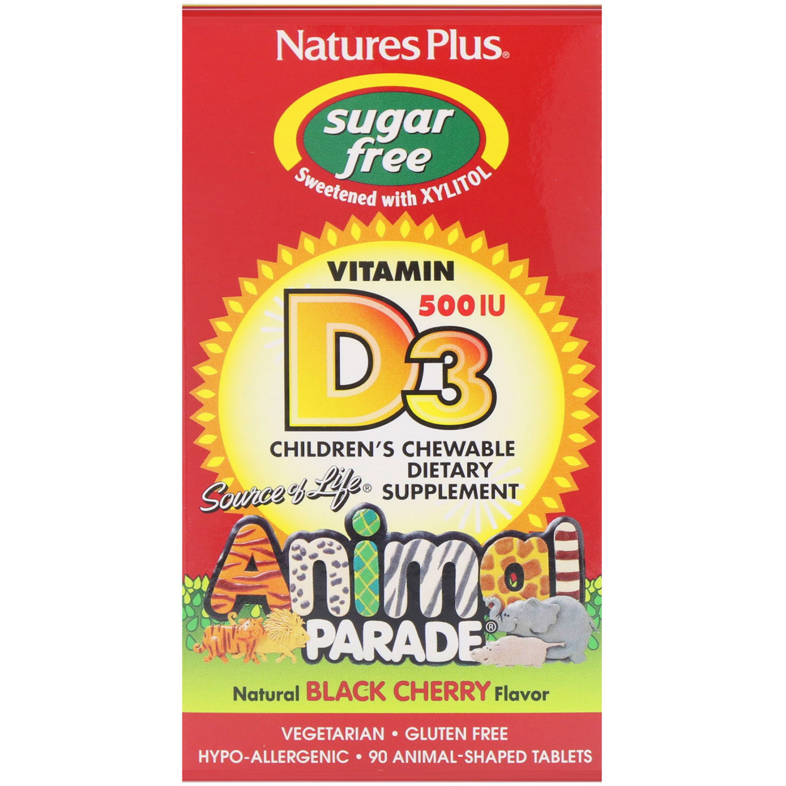 Comprar Nature's Plus, Source of Life, Animal Parade, Vitamina D3, Sem Açúcar, Sabor Natural de Cereja Preta, 500 UI, 90 Comprimidos em Forma de Animal - Imagem 2