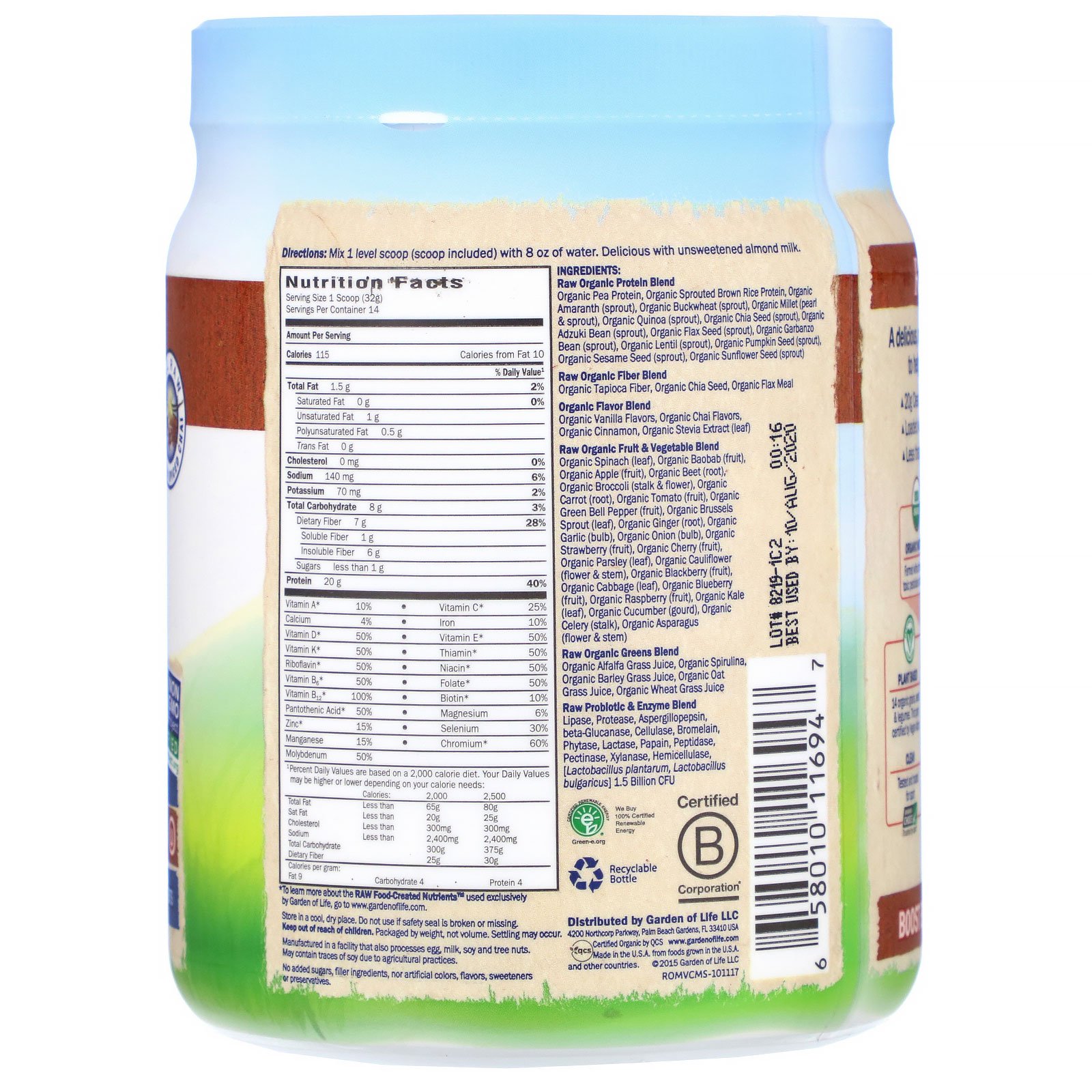 Comprar Garden of Life, Farinha Orgânica RAW, Shake e Substitutos de Refeição, Chai Condimentado de Baunilha, 454 g (16 oz) - Imagem 2