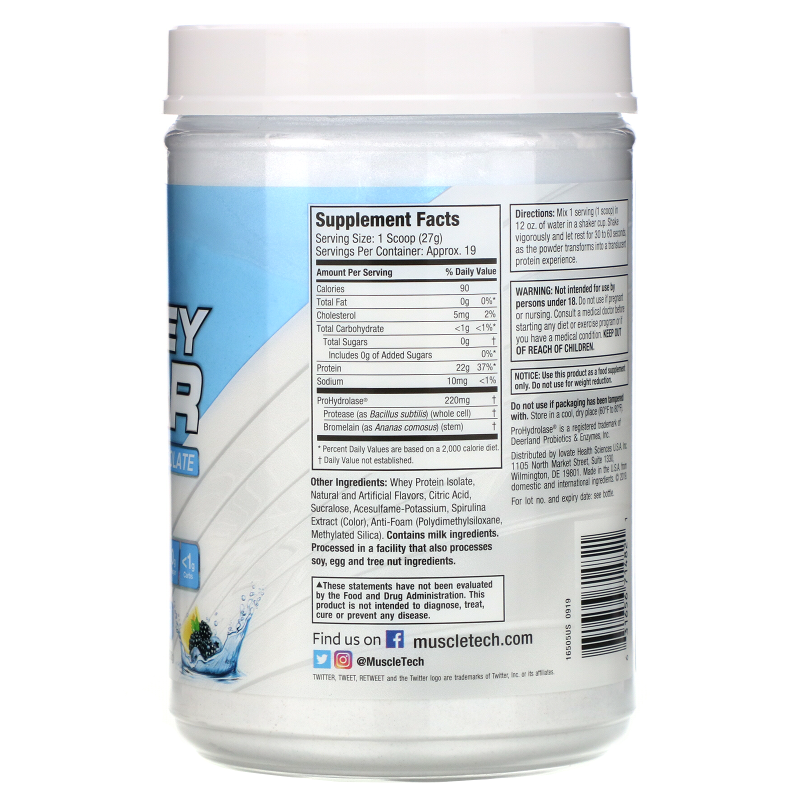 Comprar Muscletech, ISO Whey Clear, Ultra-Pure Protein Isolate, Lemon Berry Blizzard, 1.10 lbs (503 g) - Imagem 2
