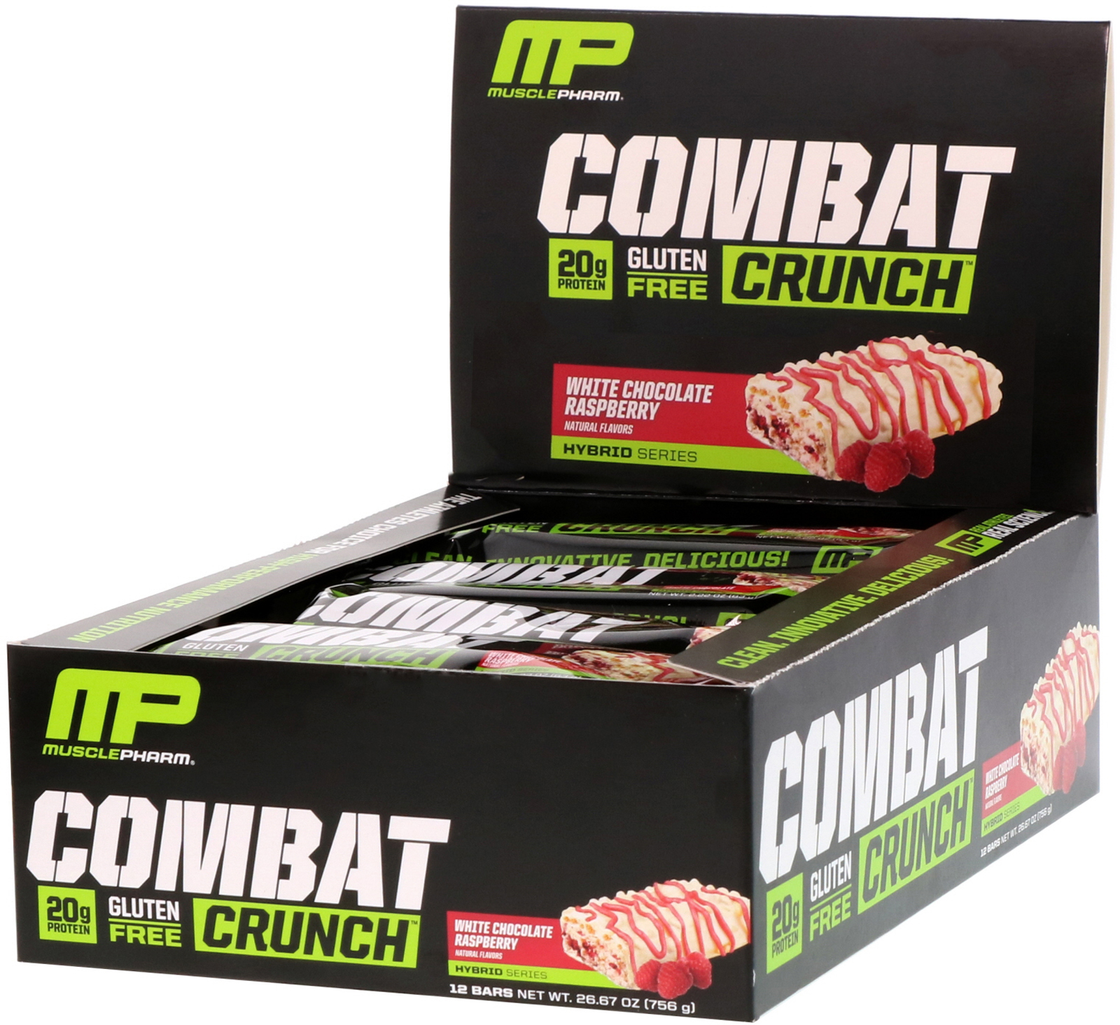 Comprar MusclePharm, Combat Crunch, Framboesa de Chocolate Branco, 12 Barras, 63 g (2,22 oz) Cada